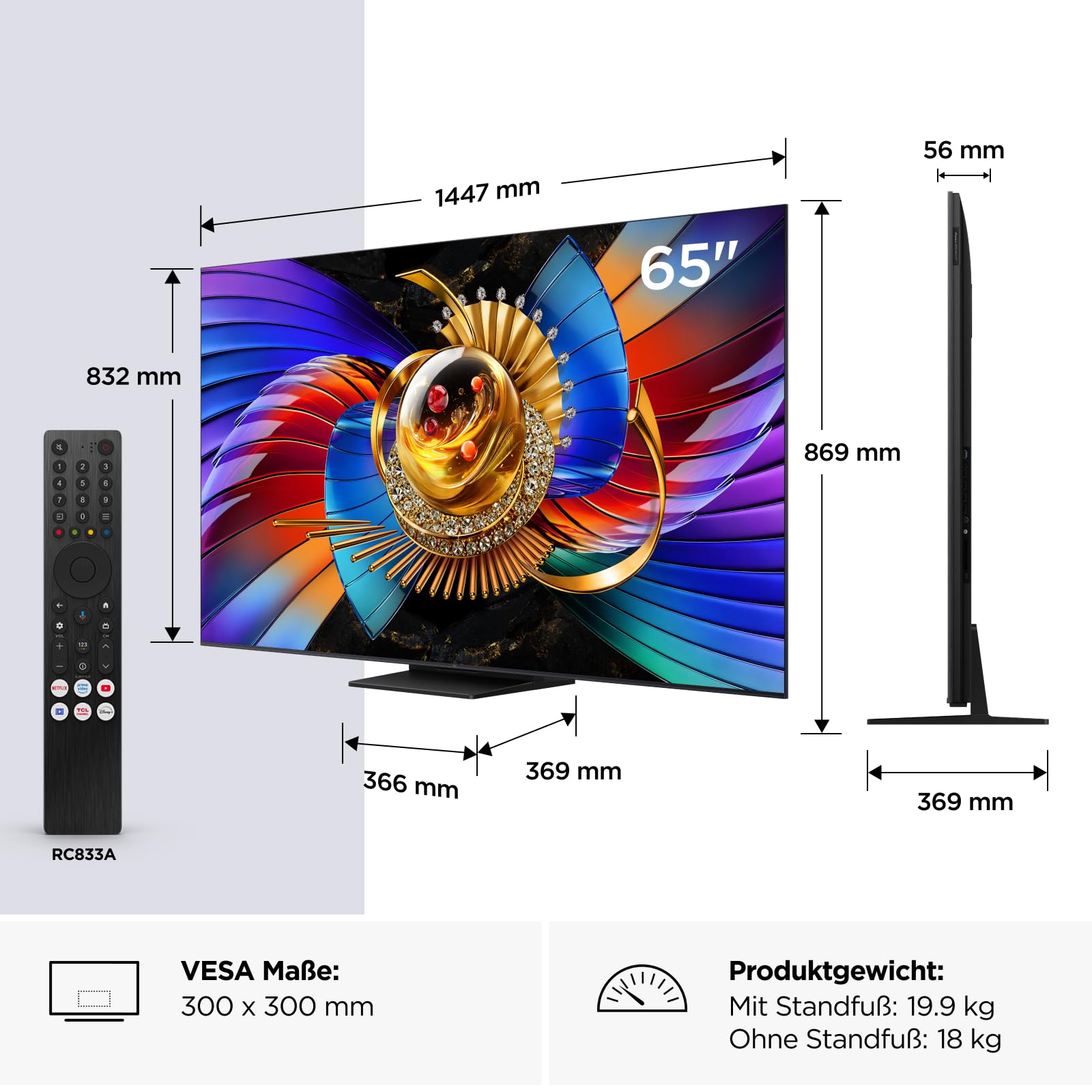 TCL 65Q7D PRO 65 Zoll 4K SQD-Mini LED TV, 100% BT.2020, 646 Local Dimming Zonen, 2.000 Nits HDR, Antireflexion, 144 Hz, Dolby Vision IQ & Dolby Atmos, Google TV