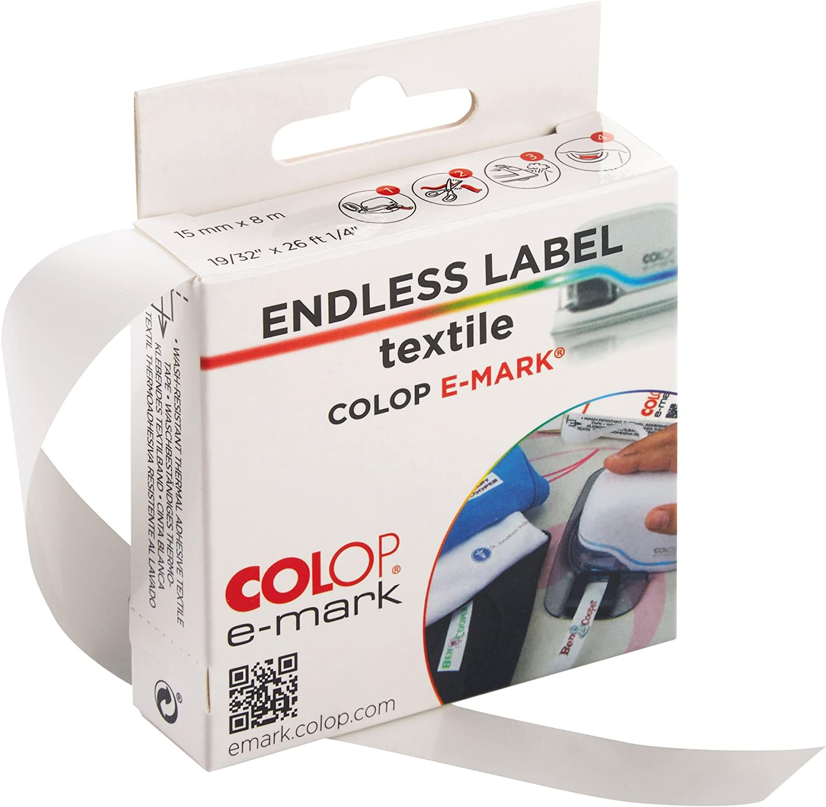 COLOP e-mark Digital Marking Device Endless Textile Labels, Wash Resistant, 15mm x 8 m (.59in x 26ft), White Labels, 1 Roll (039217)
