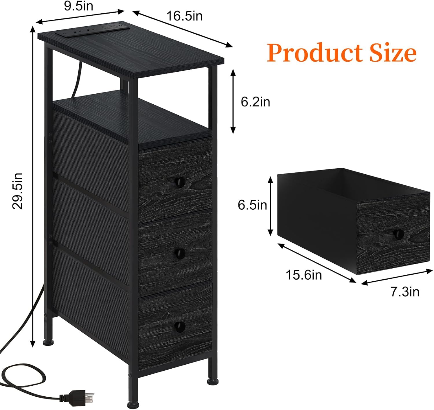 Fixwal Narrow Dresser with Charging Station, Tall Skinny Nightstand with 3 Fabric Drawers, Dorm Silm Bedside Table for Small Spaces Bathroom, Bedroom, Laundry (Charcoal Black)