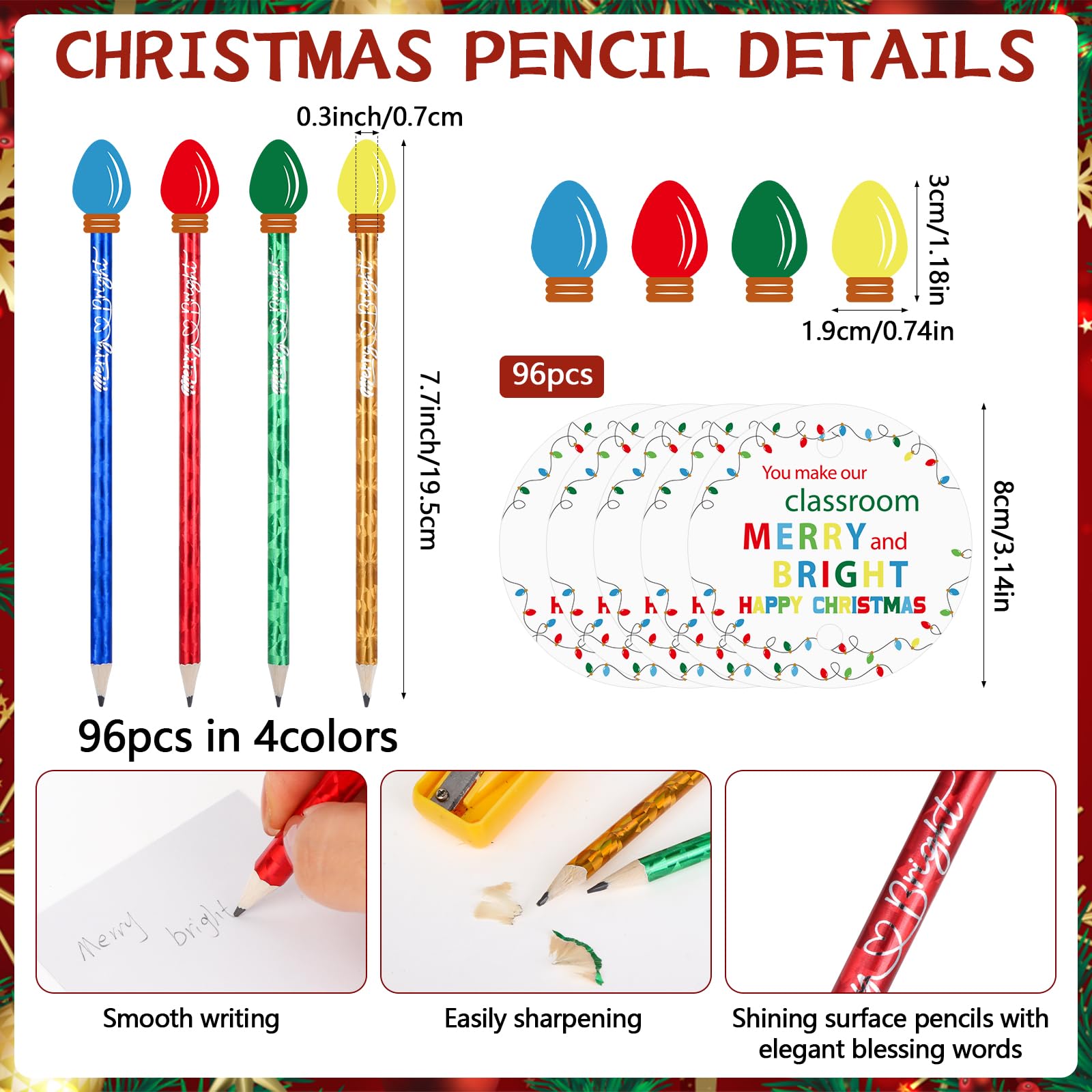 96 Sets Weihnachts-Bleistift-Radiergummis, Geschenke mit Glühbirne, Weihnachts-Bleistift-Radiergummi, Aufsätze, fröhliche helle Karten, Taschen, Mini-Glühbirnen-Radiergummis, mehrfarbig