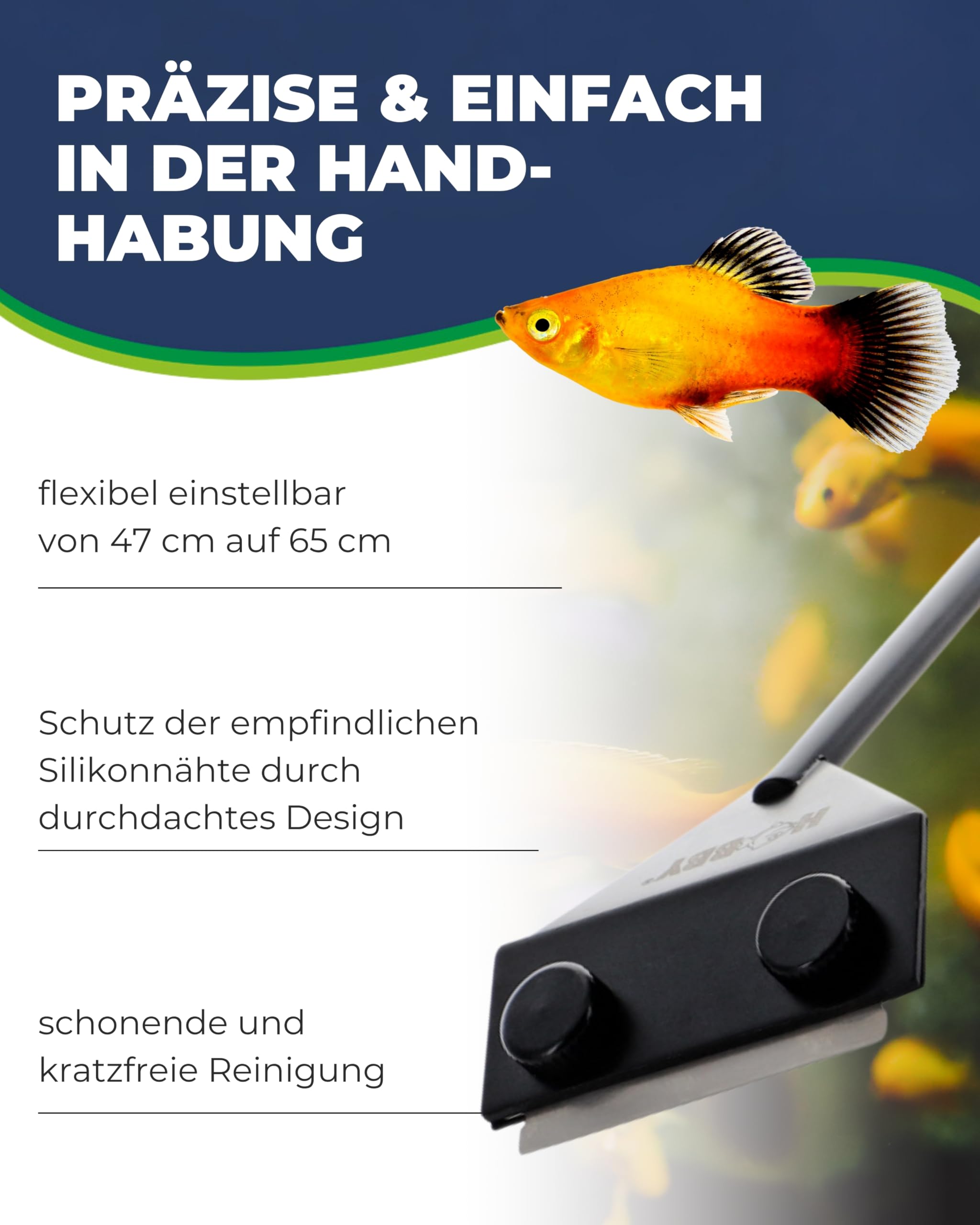Hobby Aquaristik Algae Scraper I Klingenreiniger für Aquarien I Effektiver Algenentferner für kristallklare Aquarienscheiben I Flexibel verstellbar 47 – 65 cm I Schonend für Glas & Silikonnähte