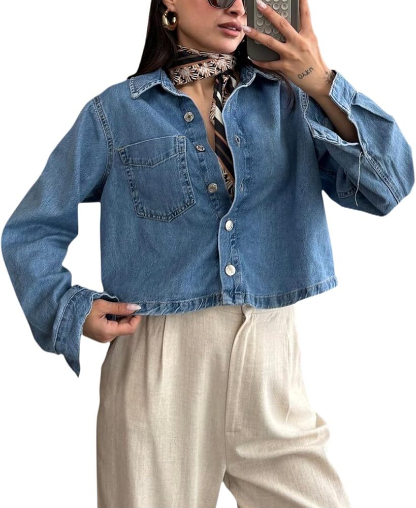 Women's Denim Jackets Cropped Jean Jacket Long Sleeve Casual