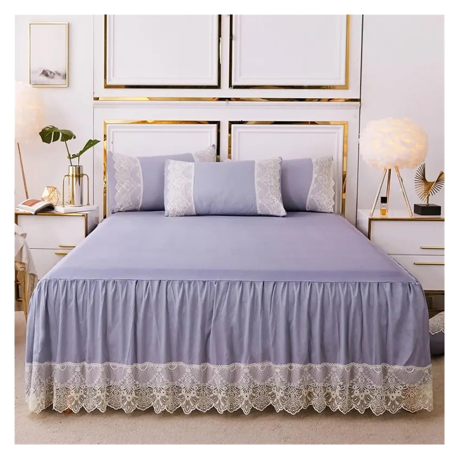 Washed Lace Bed Skirt With Pillowcases Bedding Bedspreads Sheet Solid Color Lace Bedding Set(03,180x200cm 3pcs)