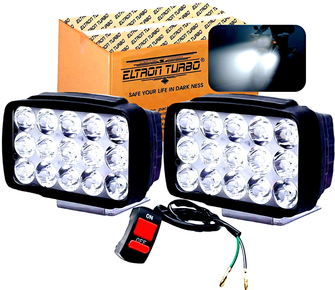 ELTRON TURBO ELT541YGRT Original Imported 12V DC Power Waterproof 15 LED Fog Head Lamp, Bar Light Off-Roading Universal For All Motorcycle, Bikes, Scooty (Pack of 2, Free On/Off Switch, White)