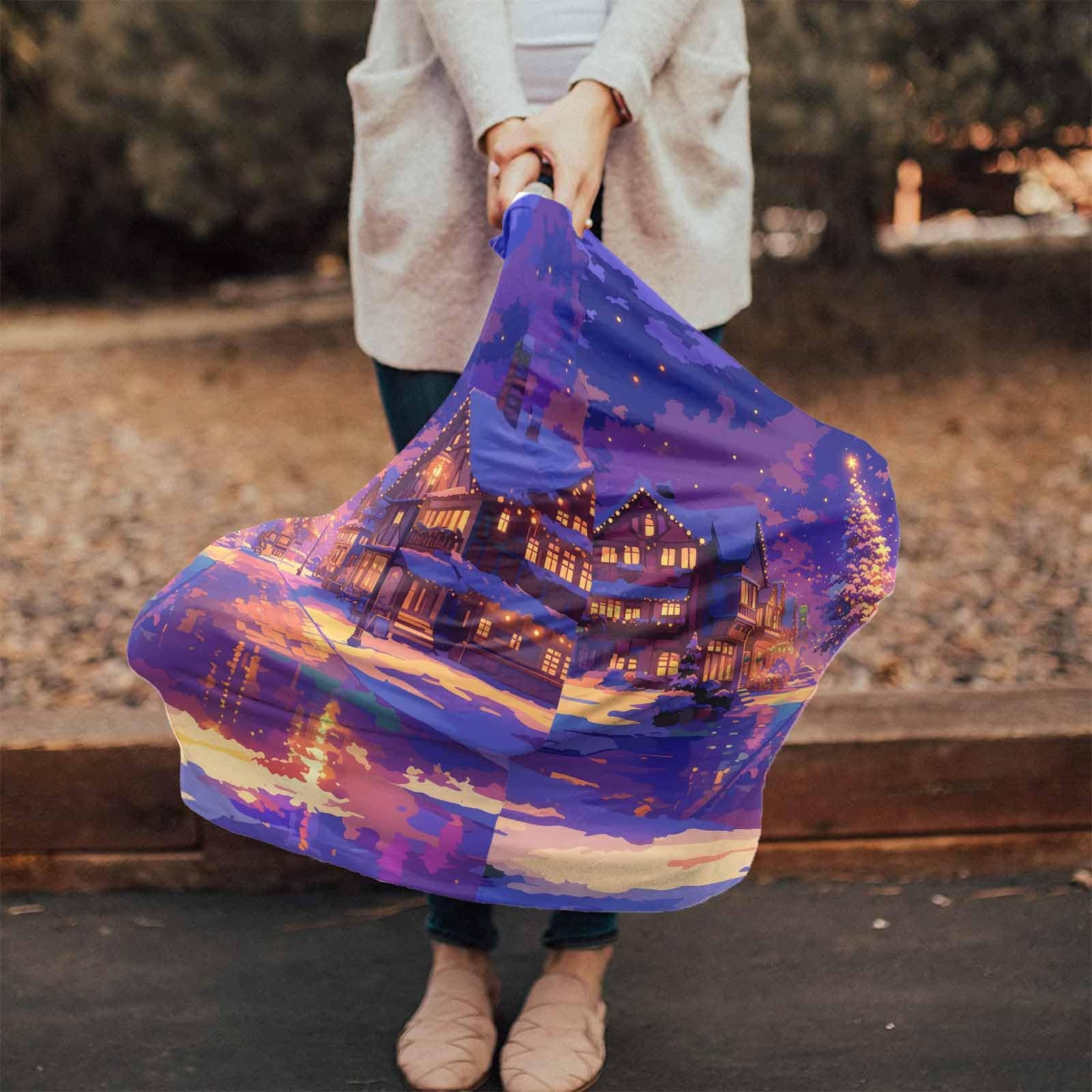 Nursing Cover for Breastfeeding Scarf, Cartoon Purple Christmas Street Winter Baby Car Covers Super Soft Multi Use for Canopy Shopping Cart Cover Blanket Stroller Cover