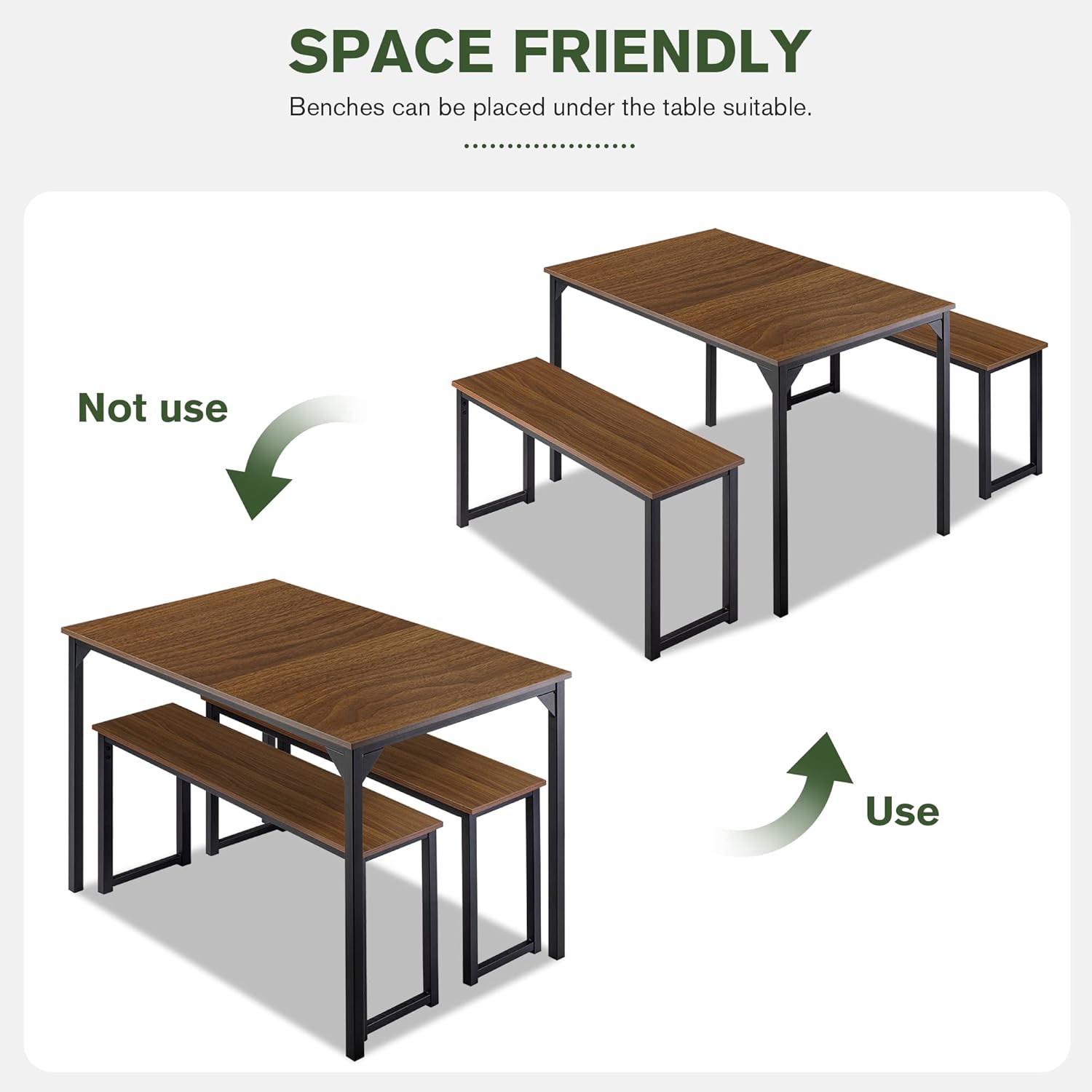 IMUsee 45" Dining Table Set for 4, 3-Pieces Kitchen & Dining Room Sets with Benches, Metal Frame and Wood Board, Sturdy Structure, Easy Assembly, Small Space Dinette, Walnut & Black - Table & Chair Sets