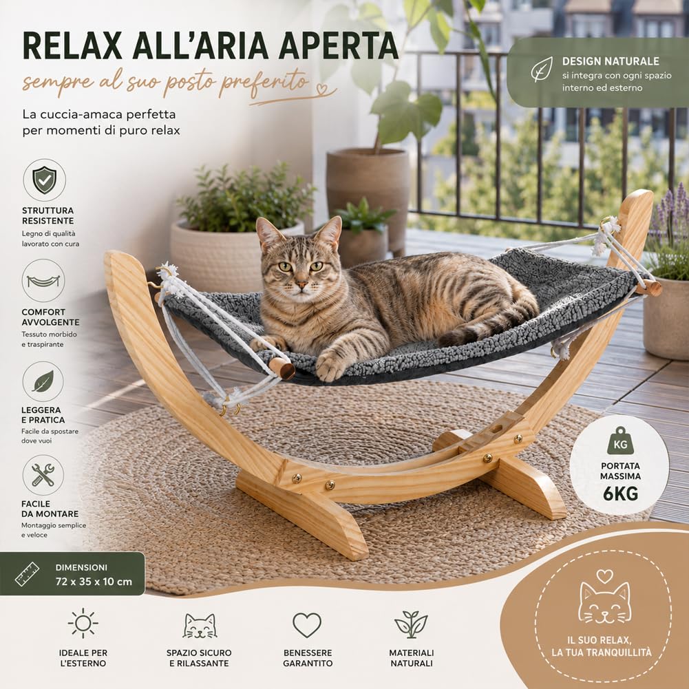 BAKAJI Amaca per Gatti in Legno Ergonomica, Cuccia per Animali Domestici Portata Massima 6 kg, Lettino Ergonomico con Rivestimento Morbido, Struttura in Legno, 72 x 35 x 10 cm
