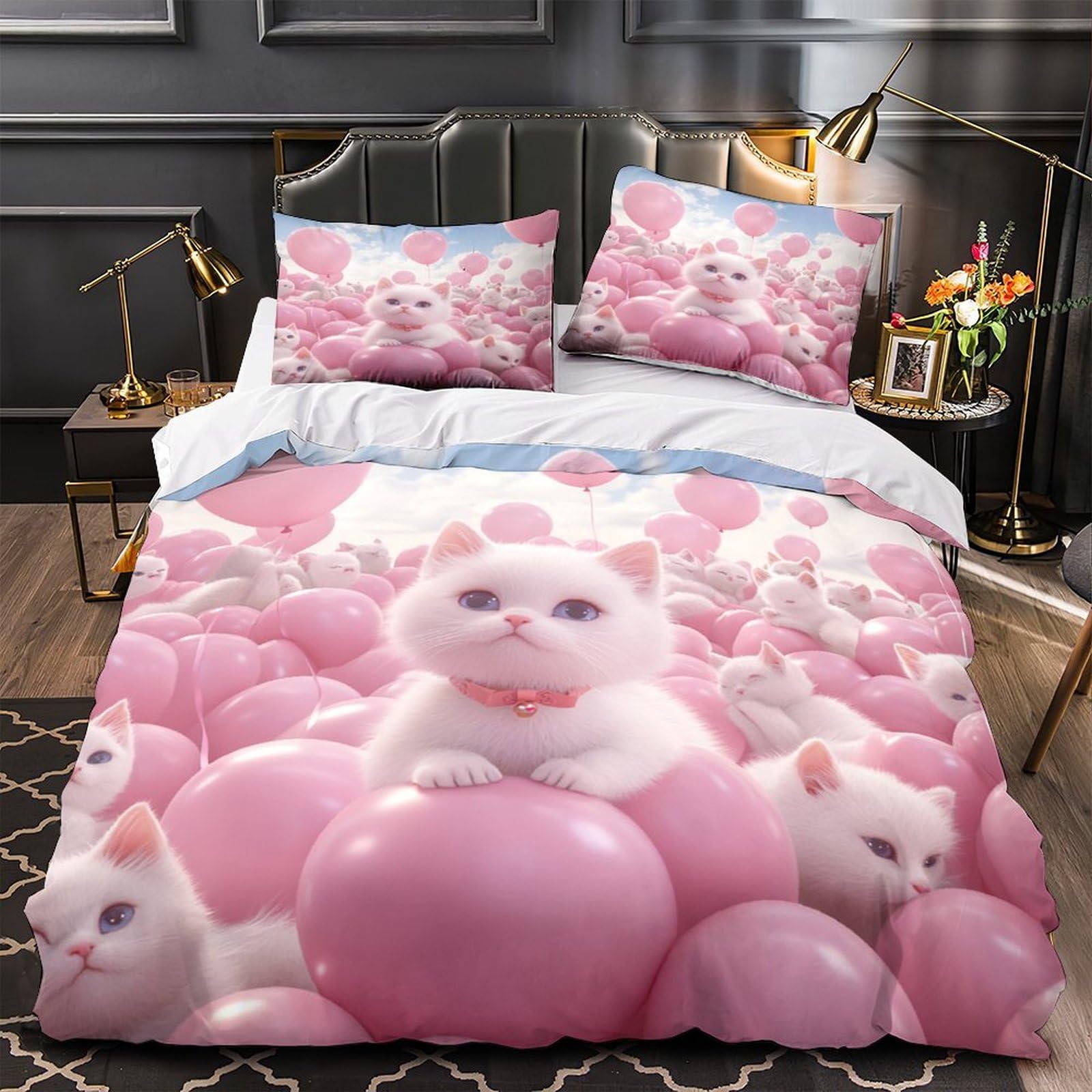 gattino carino Impressione 3D 3 pz cover piumone fantasia di palloncini rosa fodera per edredone microfibra morbida antiacari per bambini ragazzi donne King（220x240cm）