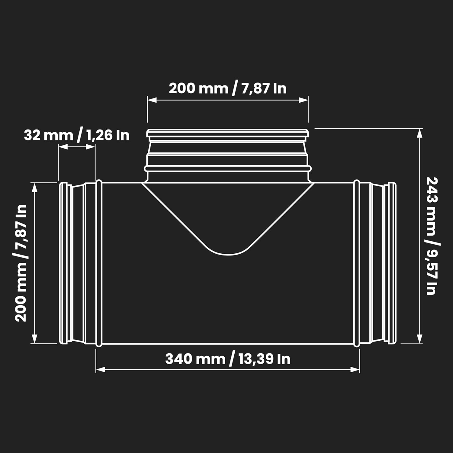 8'' Inch Duct Splitter to 90° Degree 8" Inch Branch for Exhaust Fan, Dryer Vent Hose - 3 Way Duct Hose Connector, T Shape, T Joint Metal, Ducting Adapter, 8x8x8 Splitter