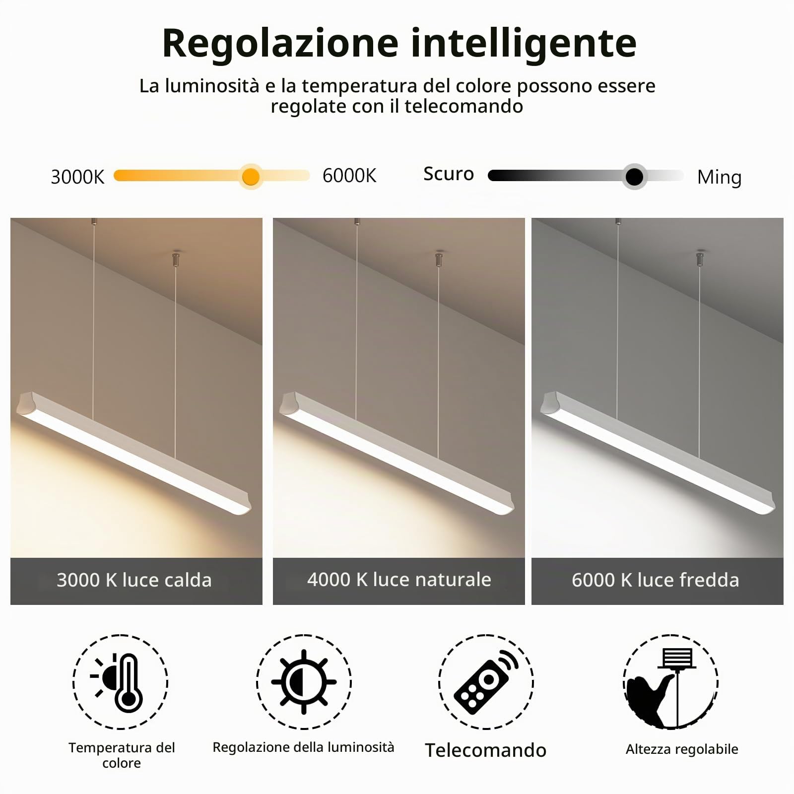 OOWOLF Lampada a Sospensione LED con Telecomando, Dimmerabile 3000K-6000K, 120 cm Funzione Memoria, Altezza Regolabile – Ideale per Tavolo da Pranzo, Ufficio e Soggiorno