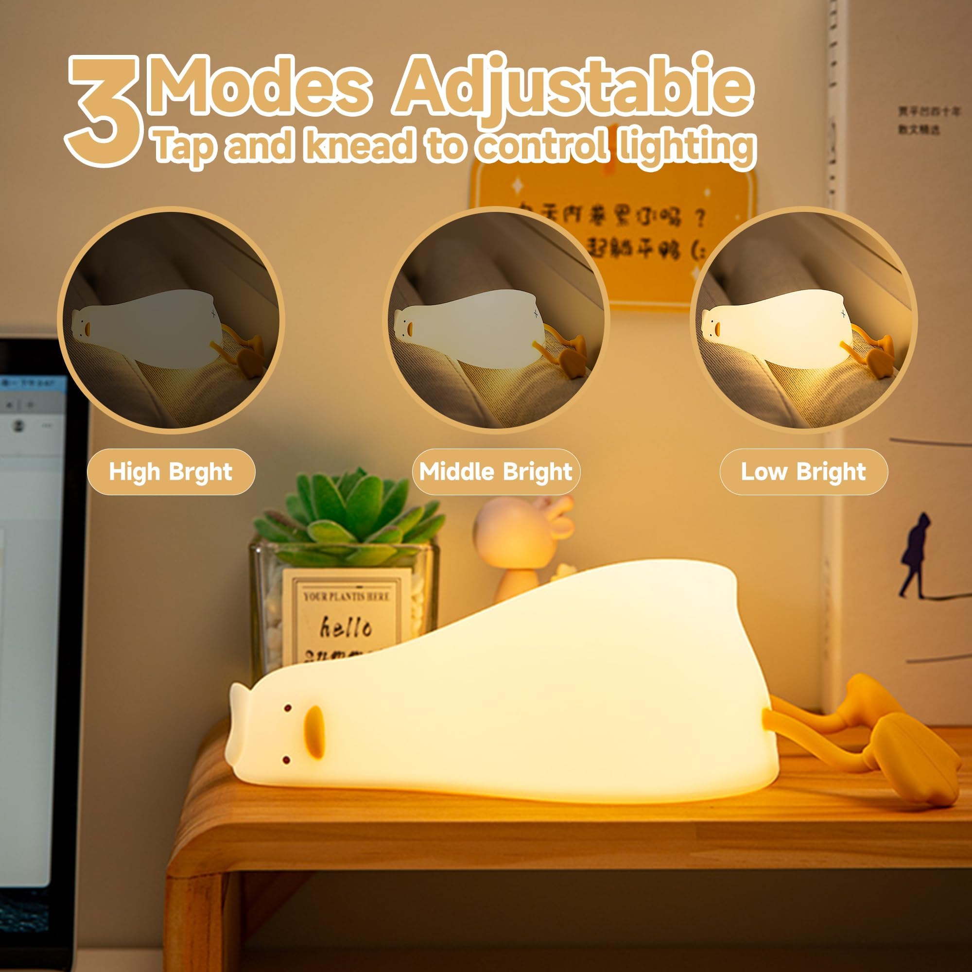 Luce notturna a forma di anatra piatta, lampada a LED a forma di anatra, simpatica anatra illuminata, luce notturna dimmerabile in silicone, lampada da comodino ricaricabile per allattamento