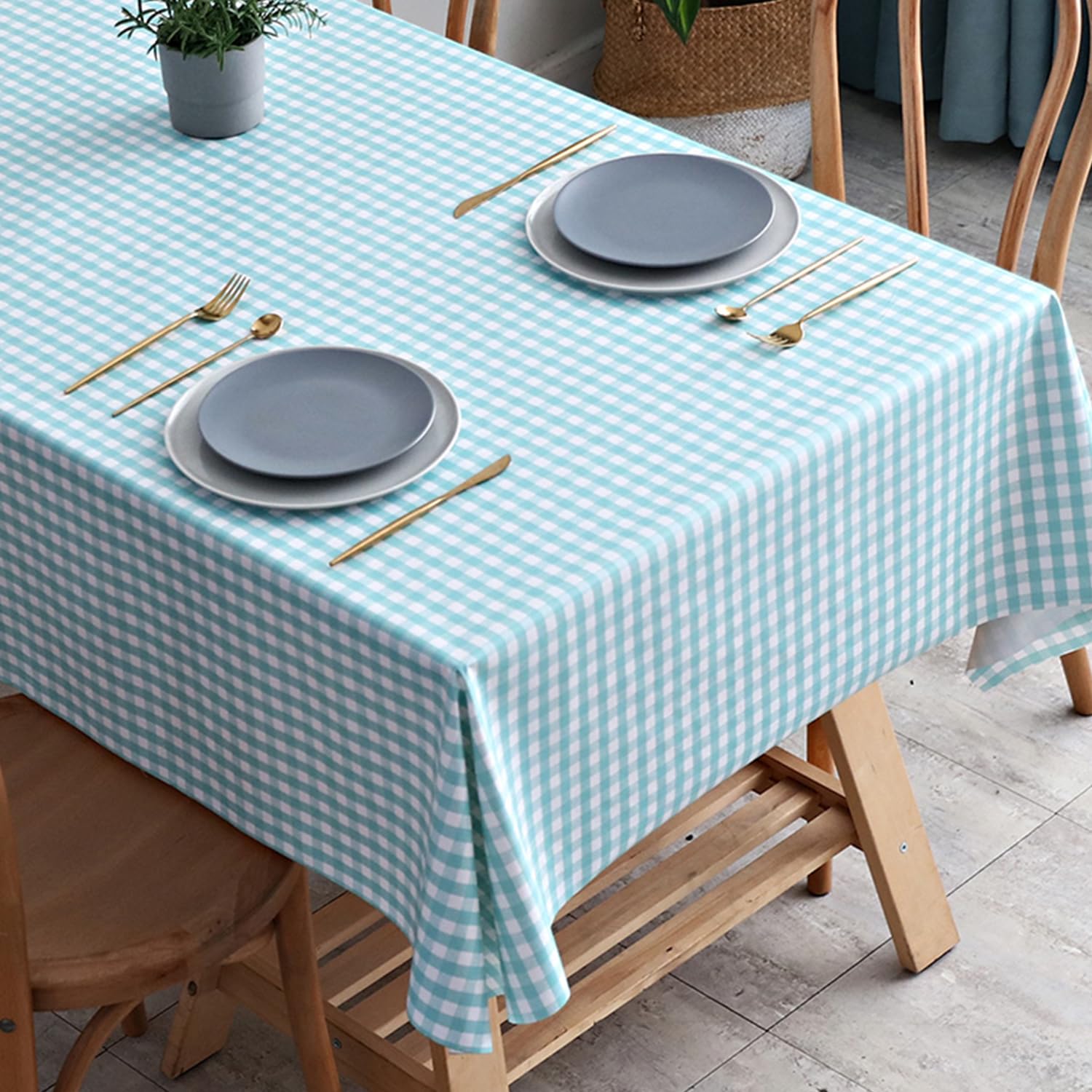 Hopeholic テーブルクロス ビニール おしゃれ テーブルカバー 撥水 PVC製 長方形 tablecloth 汚れ防止 防水 防油 北欧 テーブルマット 耐久 耐熱 ずれにくい 厚手 140×200cm チェック柄 ミントグリーン
