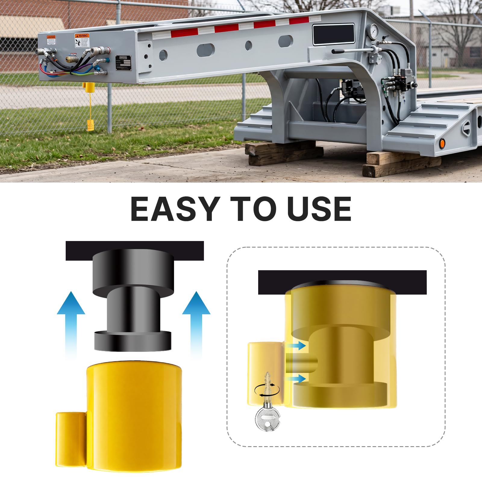 BYERN AUTO - Cerradura antirrobo para quinta rueda, acero sólido y resistente con etiqueta de advertencia y 2 llaves para caravanas, remolques de contenedores y campistas, extremadamente duradero