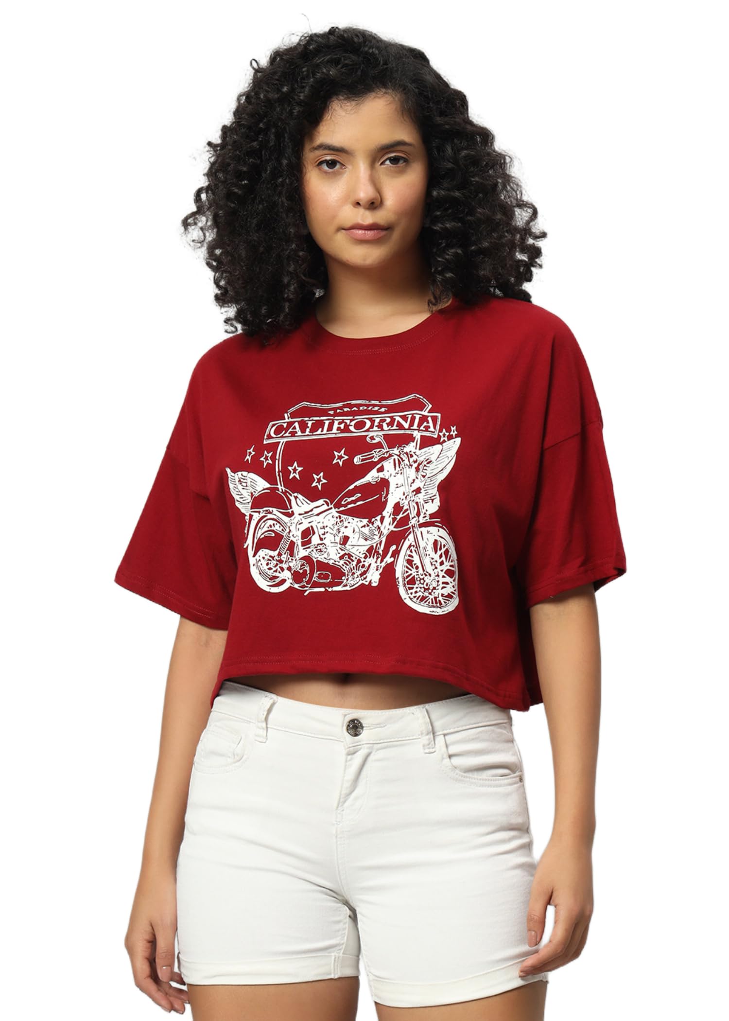 Women Printed Boat Neck Cotton Blend Crop Relaxed Fit T-Shirt-image-9
