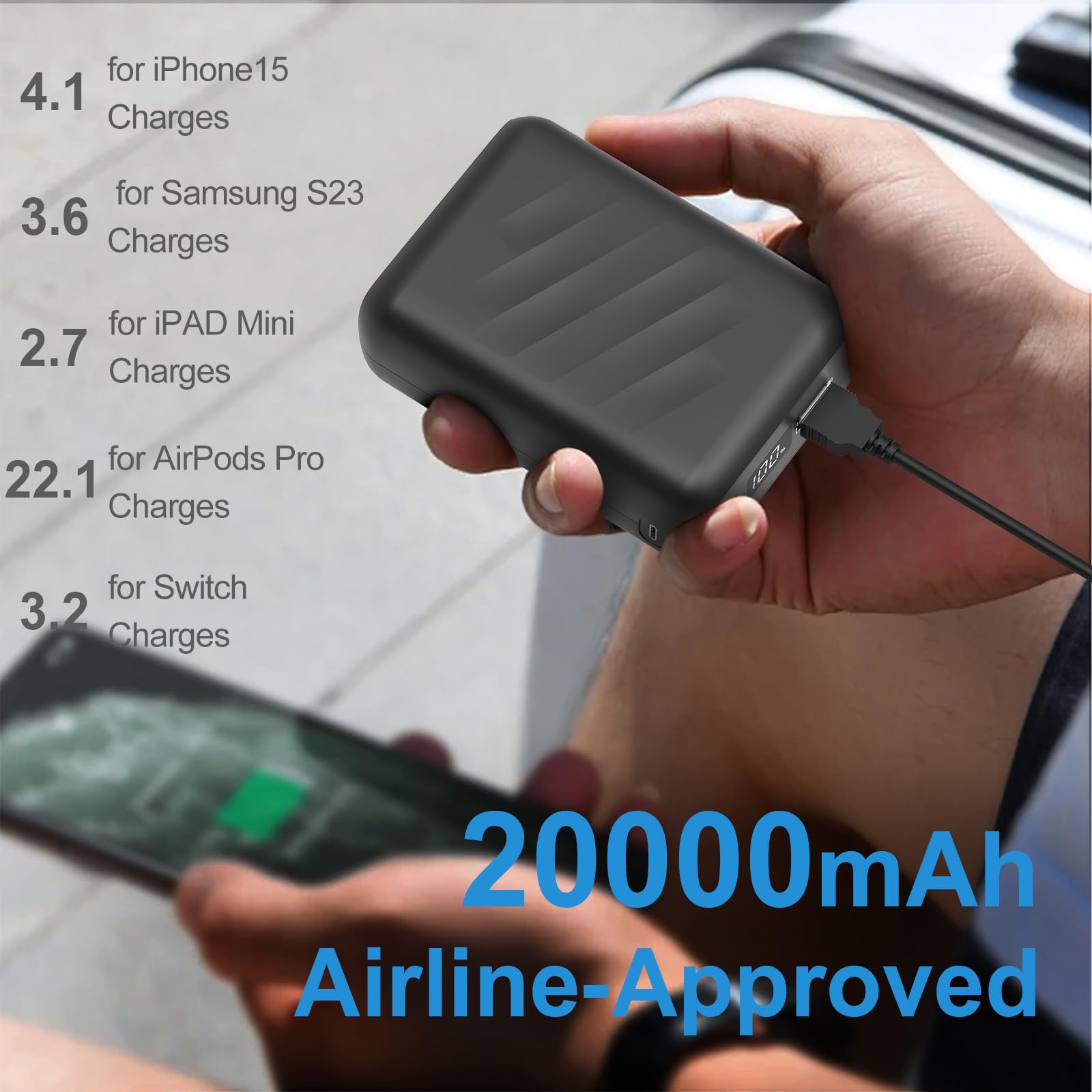 20000mAh Batterie pour Gilet Chauffant-Power Bank à Charge Rapide avec écran LED et Sortie DC7,4V pour Veste Chauffante,Sweat à Capuche et Pantalon, Compatible avec iPhone iPad Samsung