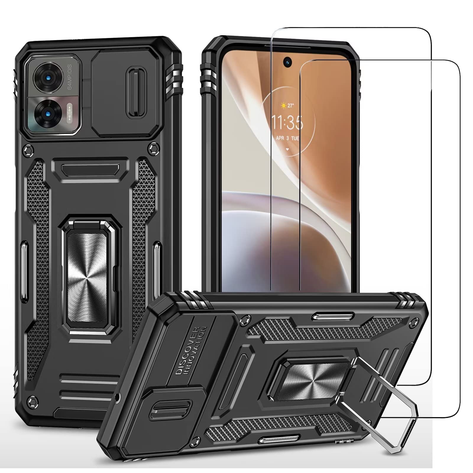 COMAKU Cover Armor per Motorola Moto Edge 30 Neo/Edge 30 Lite, Custodia TPU+PC Antiurto con Scorrevole Cover Anello Supporto - Nero