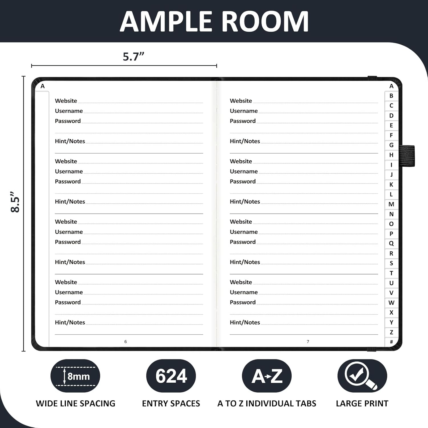 Password Book with Individual Alphabetical Tabs Laminated, Large Print Password Keeper Book for Seniors, A5 Hardcover Internet Password Log Book to Record Website Login Details - Black - Image 3