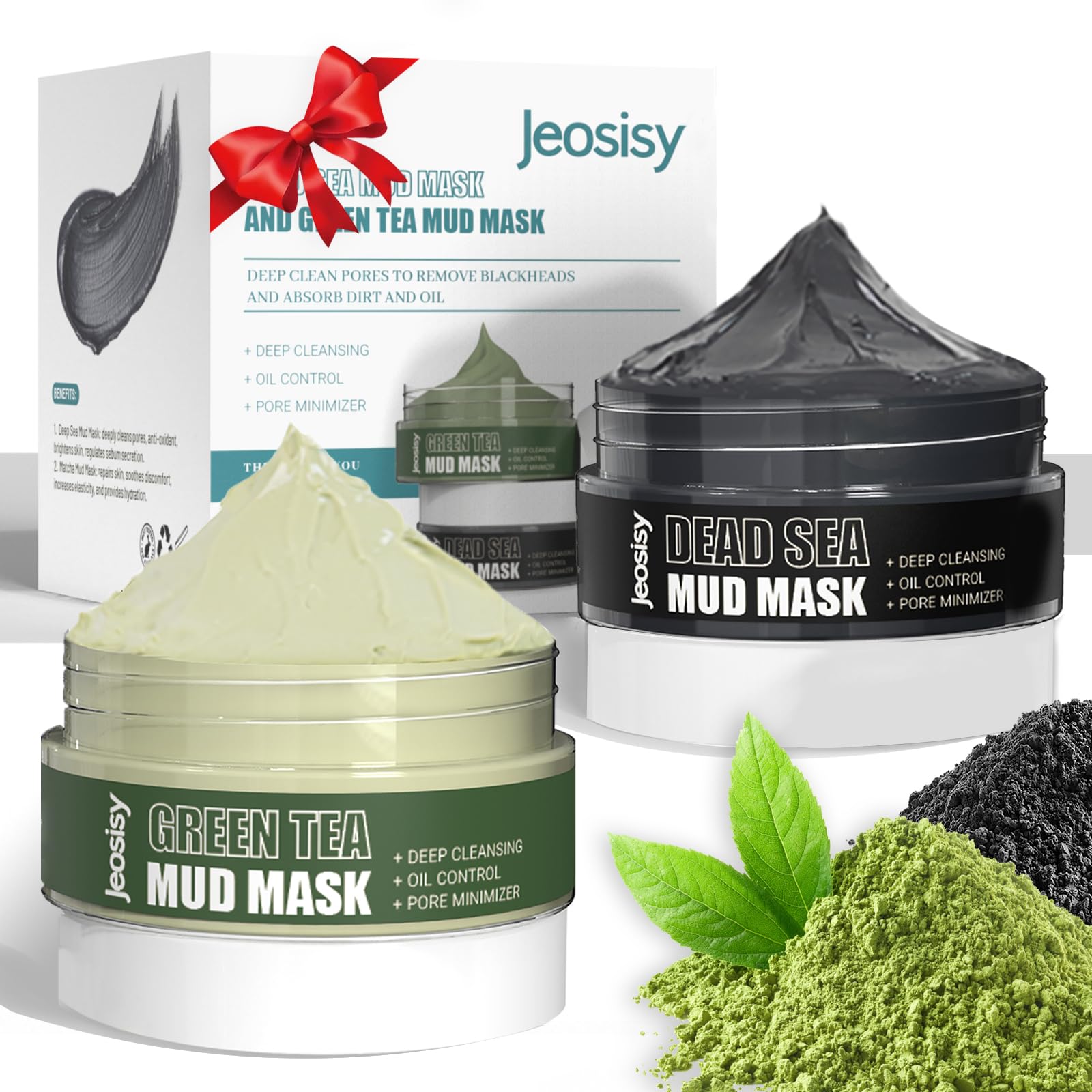 jeosisy Face Clay Mask-Facial Dead Sea Mud Mask,Green Tea Mud Mask,Purifying Pore,Remove Blackheads,Control Oil,Anti Aging,Travel Size Mother's Day Gift Sets for Women and Men-2.8Oz*2