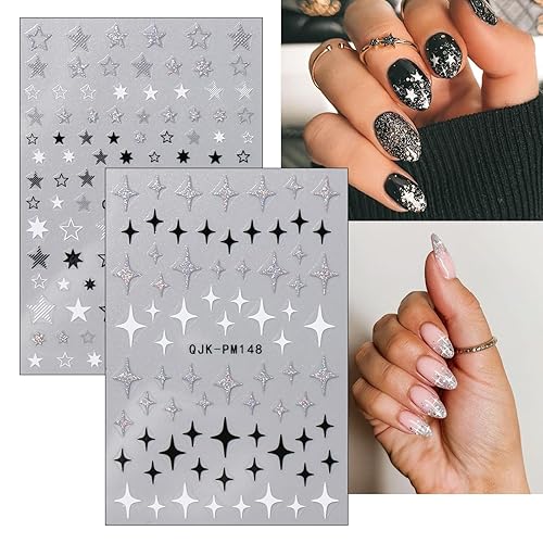 Miniatura 3 de JMEOWIO 10 hojas de calcomanías de arte de uñas con purpurina en blanco y negro, calcomanías autoadhesivas, calcomanías para uñas, lindo pentagrama,