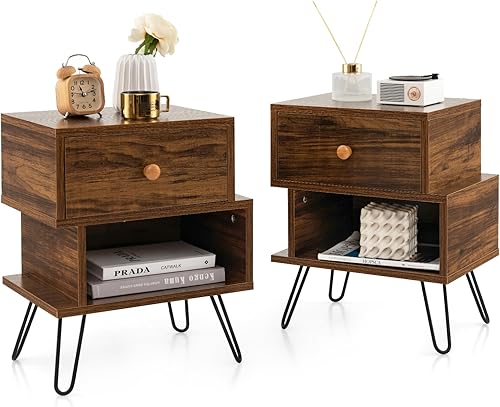 Giantex Juego de 2 mesitas de noche en forma de S con cajón de almacenamiento, estante abierto, mesa auxiliar moderna de mediados de siglo con patas