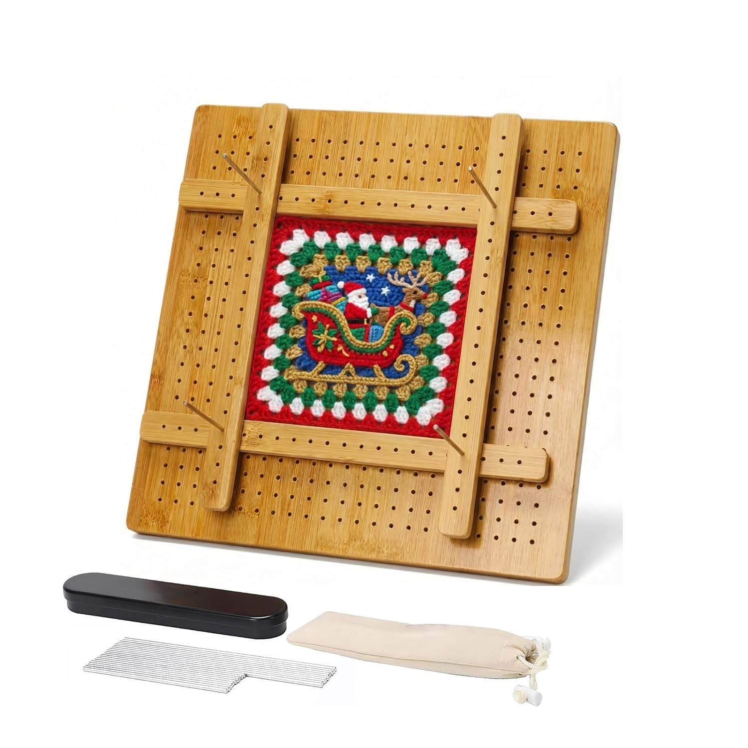 Photo 1 of 10"Crochet Blocking Board - Upgraded Style with 4 Tension Rods and 20 Pegs – Blocking Boards for Crochet Projects, Ideal for Granny Square Card Deck Users