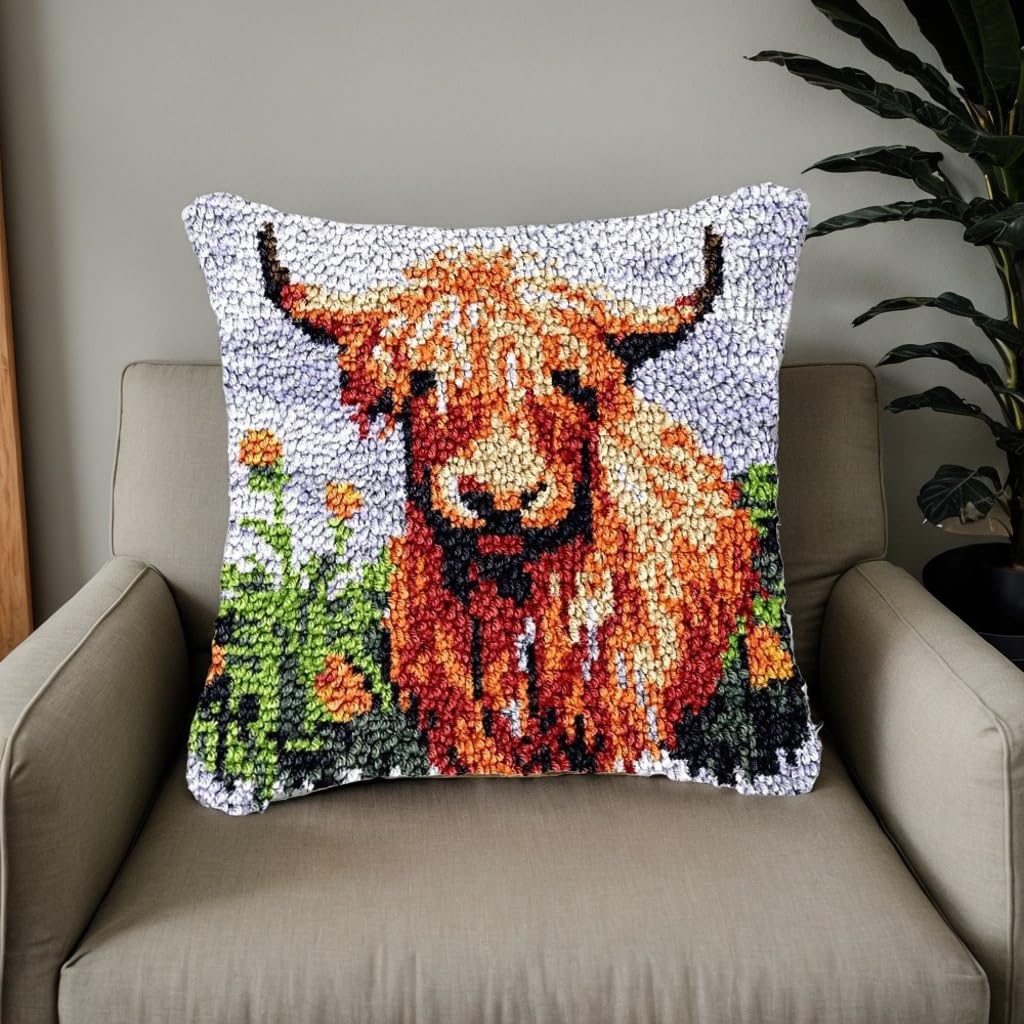 JILIP Highland Cow Latch Hook Kits, 17x17 DIY Pillowcase Hook and Latch Kit, Handmade Needlework Cushion Cover, Crochet Sofa Decoration, Relaxing Craft Activity(Blue)