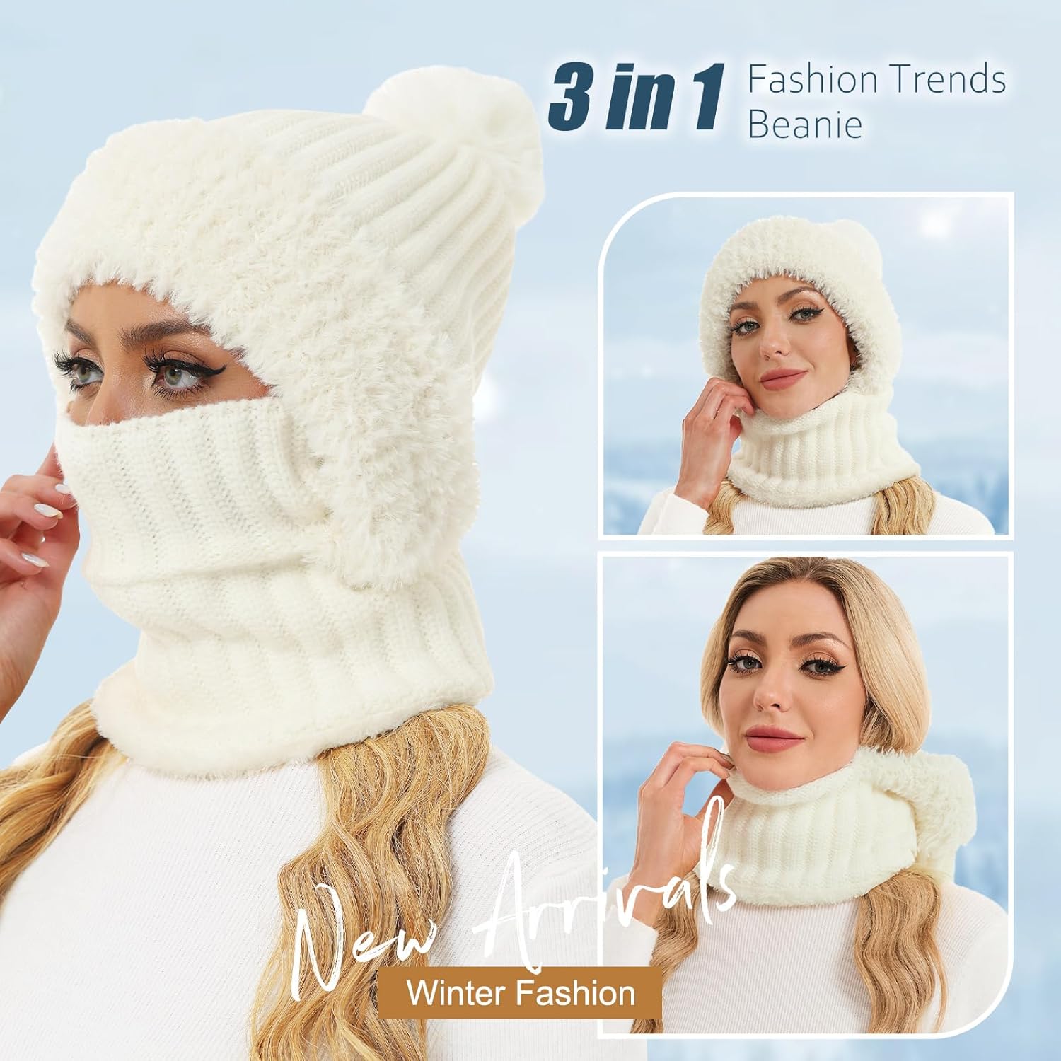 Sumolux 3 in 1 Beanie Hats for Women Fleece Lined Scarf and Mask Outdoors Windproof Knitted Ski Mask Set - Image 4