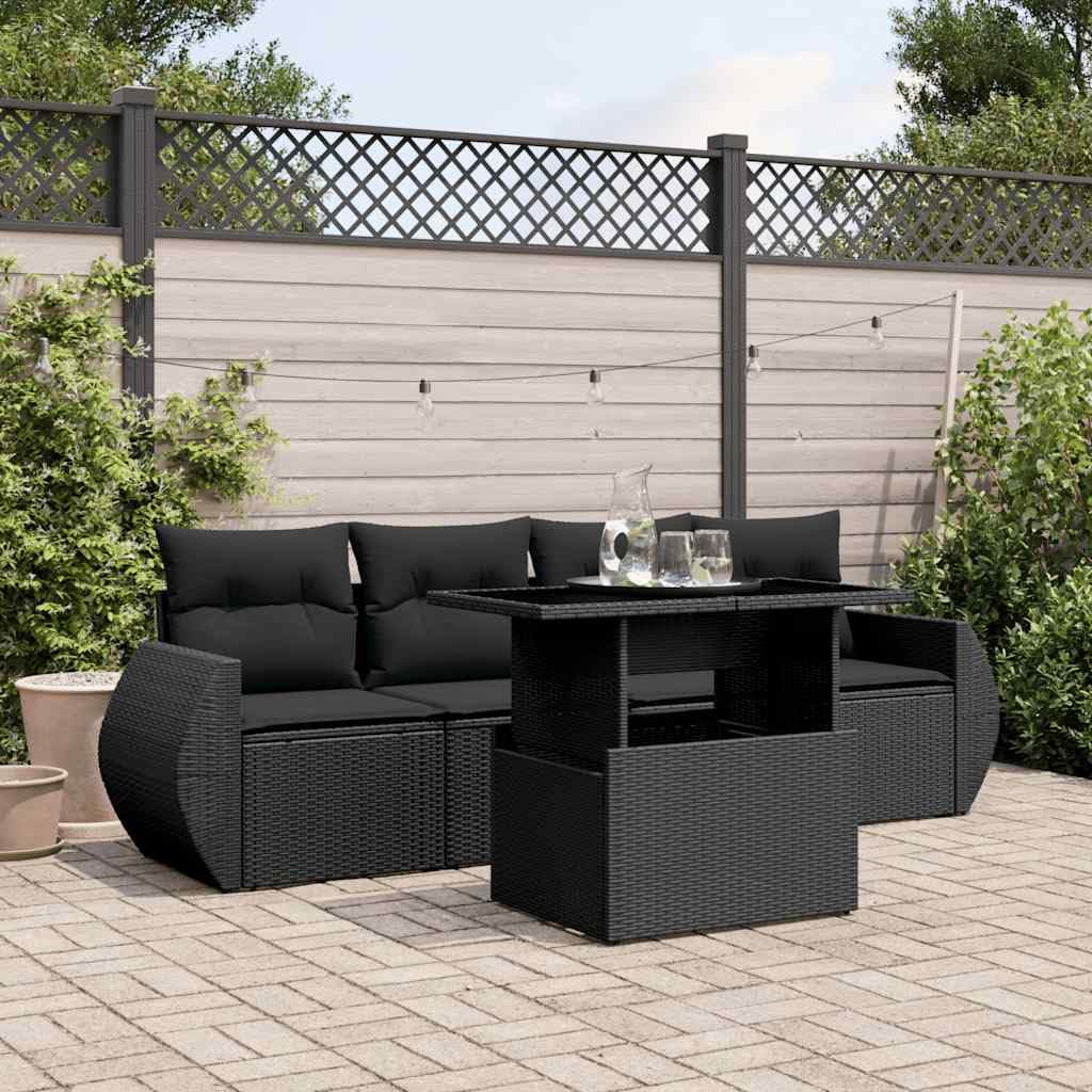 5 TLG. Juego de calcetines de jardín negro, ratán poli, mesa ajustable, resistente a los rayos UV, muebles modulares de exterior para terraza y balcón, incluye cojines