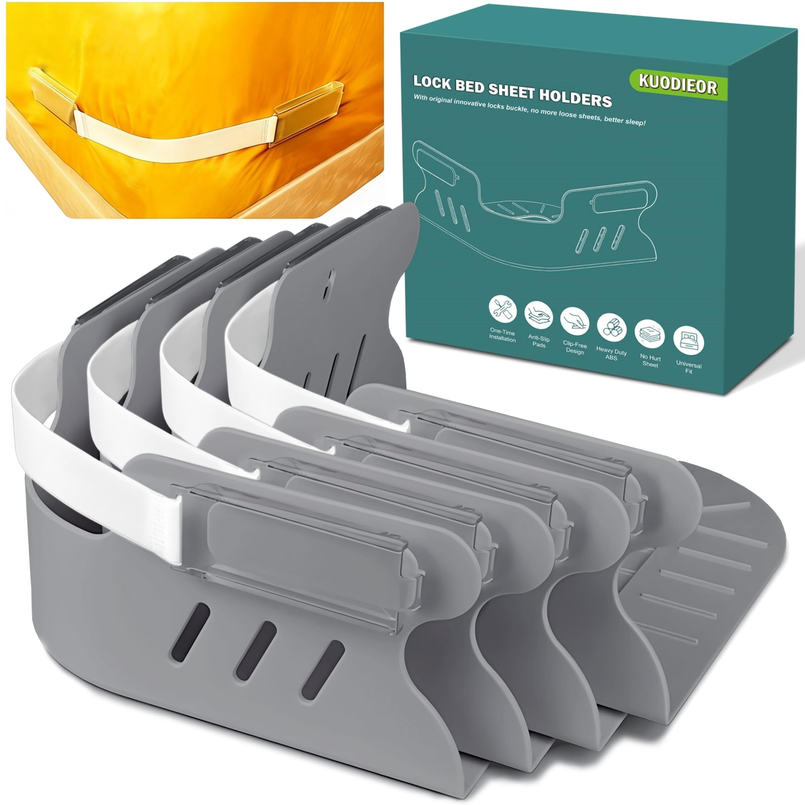 Bed Sheet Holders for Corners, Heavy Duty Fitted Sheet Holder with Lock Fastener Straps &Anti-Slip Pads Keep Sheets Firm&Tight, No More Loose Sheets, Easy Installation for Any Mattress Sizes(Set of 4)