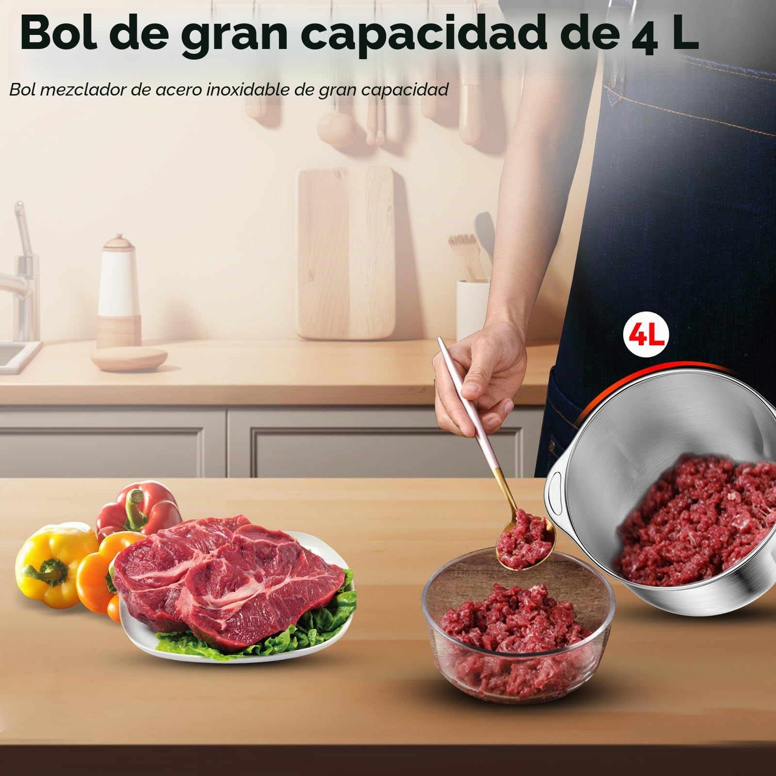 Picadora Eléctrica 4L con Bol de Acero Inoxidable 304, Motor Potente de 300W de Cobre Puro, 3 Velocidades, Upgrade Double S-Blades, Ideal para Carne, Verduras y Frutas