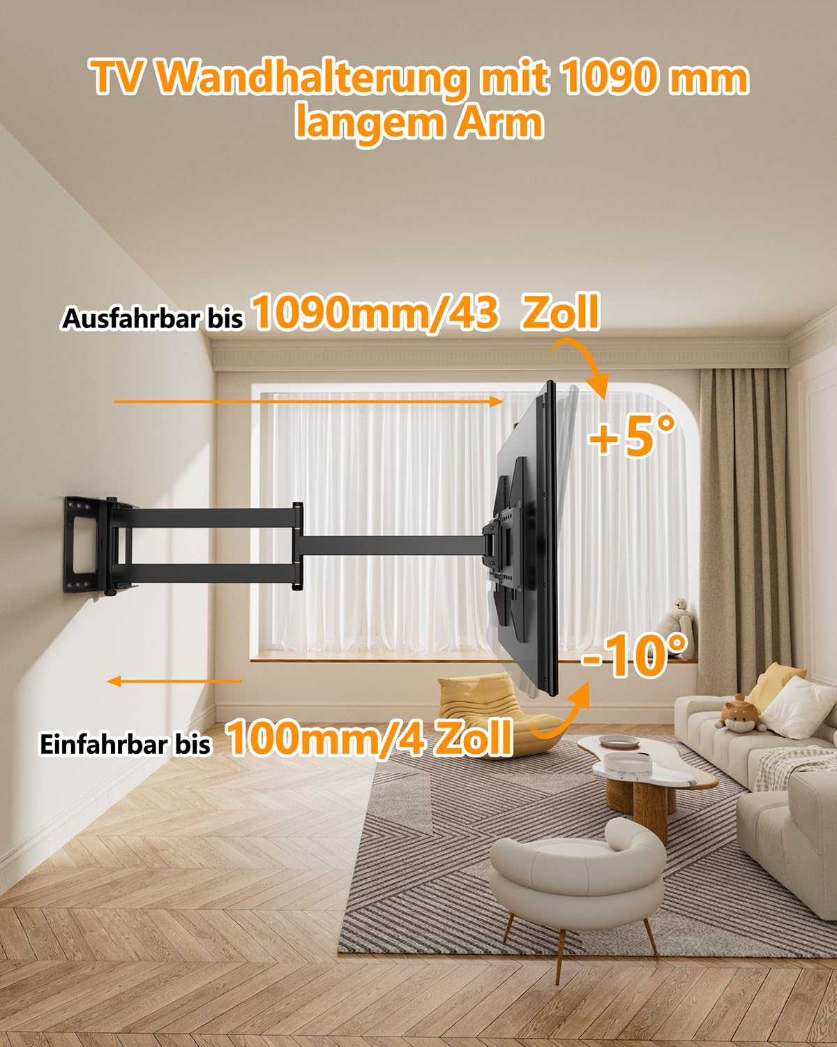 FORGING MOUNT TV Wandhalterung mit 1090 mm Extra langem Arm für 37–80 Zoll Fernseher, Fernseher Halterung Schwenkbar, Neigbar, Voll bewegliche TV Halterung, Max VESA 600x400mm, bis zu 50kg