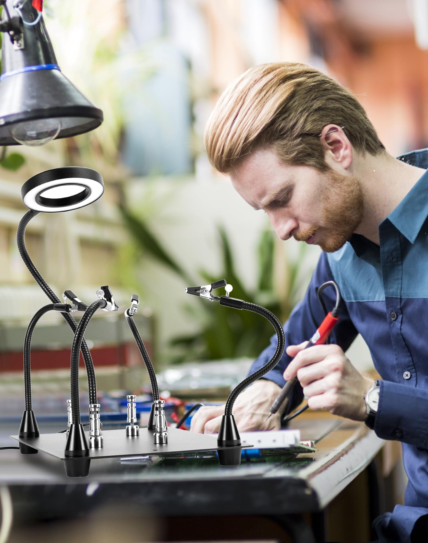 QWORK® Lutowanie z trzeciej ręki, z lampą powiększającą LED 6X, 4 ramionami pomocniczymi do lutowania, 4 kolumnami PCB