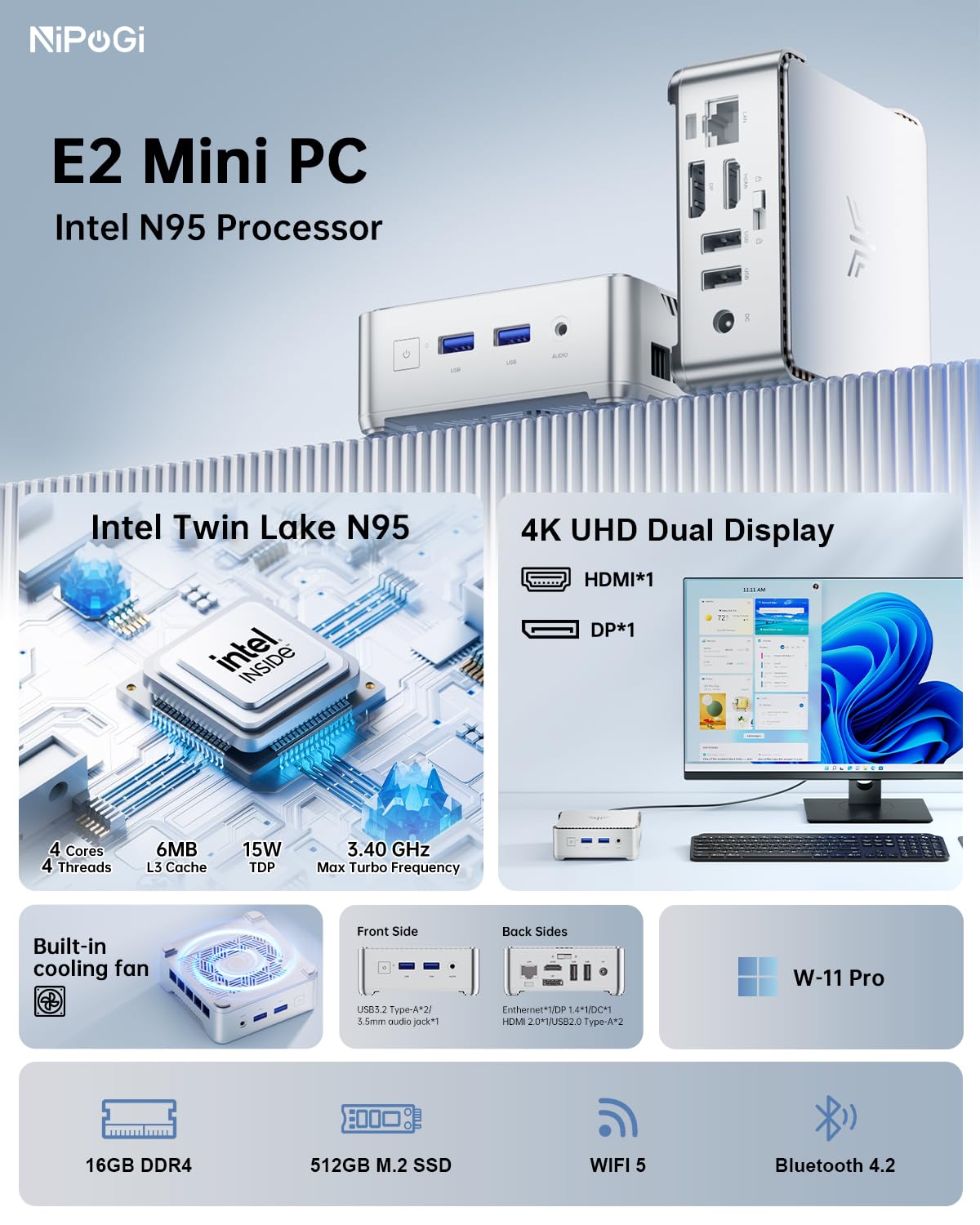 NiPoGi GK3 Plus Mini PC, 12th Gen Intel Alder Lake-N95 Prozessor