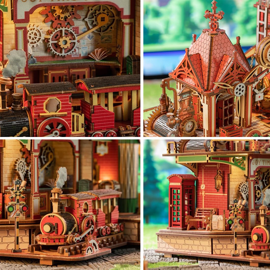 ELPHNUTSEY Miniaturowy dom Book Nook zestaw do majsterkowania z drewna, model 3D z czujnikiem dotykowym, 3 tryby (światło/obrót/muzyka), lokomotywa parowa i mechanizm zegarowy, diorama, zestaw do