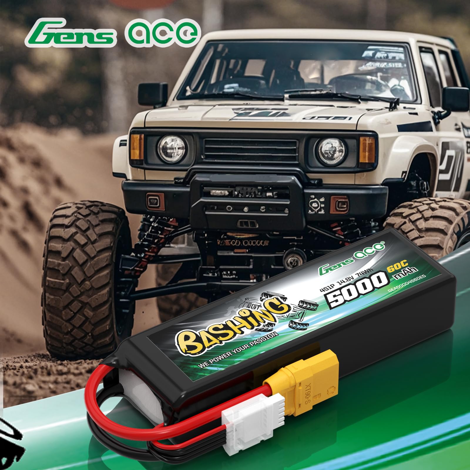 Gens ace 4S LiPo 5000mAh 14,8V 60C Batería con Conector XT90 para Helicópteros RC, Coches RC, Camiones, Barcos y vehículos RC a Escala 1/8 y 1/10