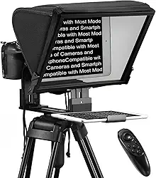 Teleprompter TX12P com controle remoto de aplicativo, teleprompter de metal de 14 polegadas, compatível com iPad, smartphone, câmera DSLR, dobrável com estojo de transporte, fácil de montar