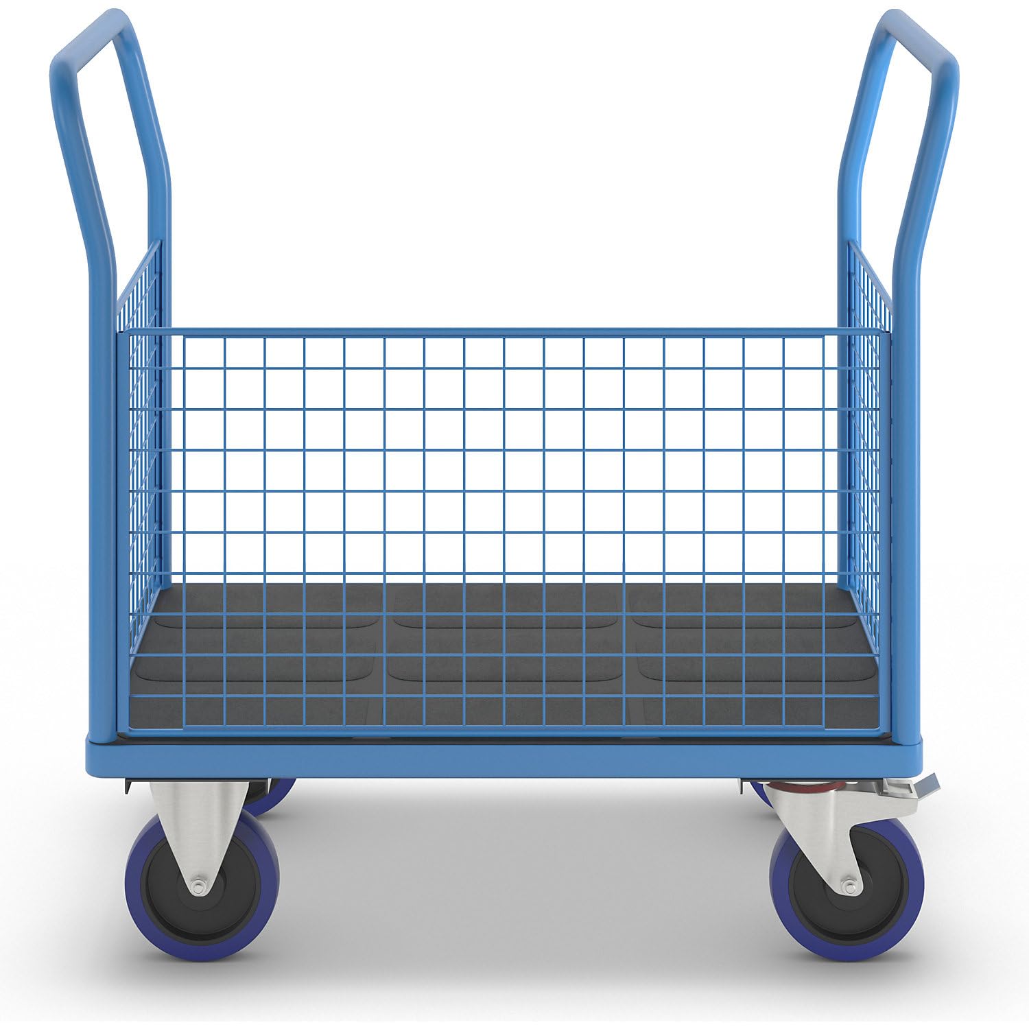 eurokraft pro | Plattformwagen mit Gitterwänden | Vollelastik-Rollen, 3 hohe Gitter, LxB 1000 x 675 mm