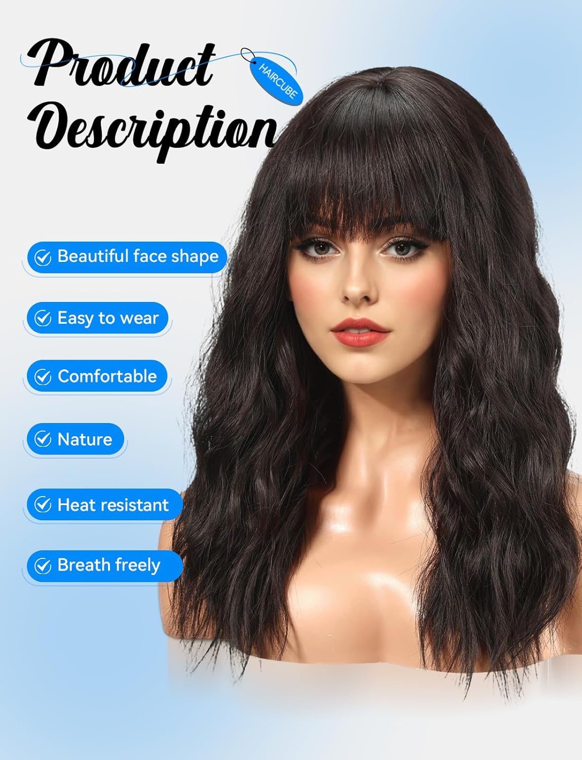HAIRCUBE Long Wig with Bangs Synthetic Wavy Wigs for Women Natural Black Color - Image 2