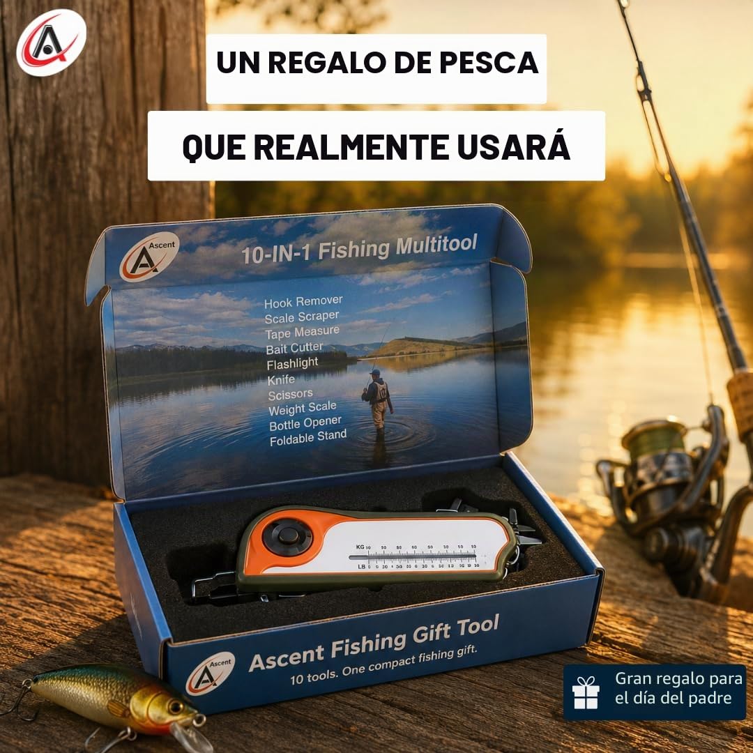 Fisherman Herramienta de Regalo Pesca Multiherramienta-Gancho Remover Escala Scraper, Cinta Medida, Cortador de cebos, Linterna, Cuchillo, Tijeras, Escala de Peso, Abridor de Botellas, Idea de Regalo