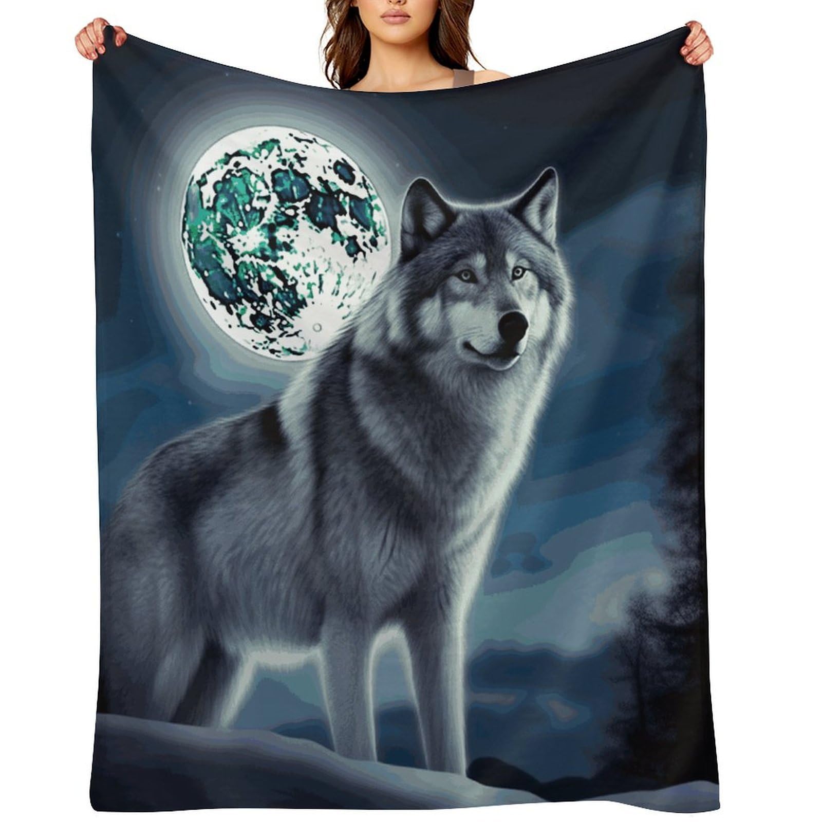 Wolf Under Moon Blankets Flannel Soft Blanket for Couch Warm Cozy Throw Blankets Fashion Bed Blanket Thick Bath Towel Bedspread Tapestry for Home Supplies Gift 30"x40"