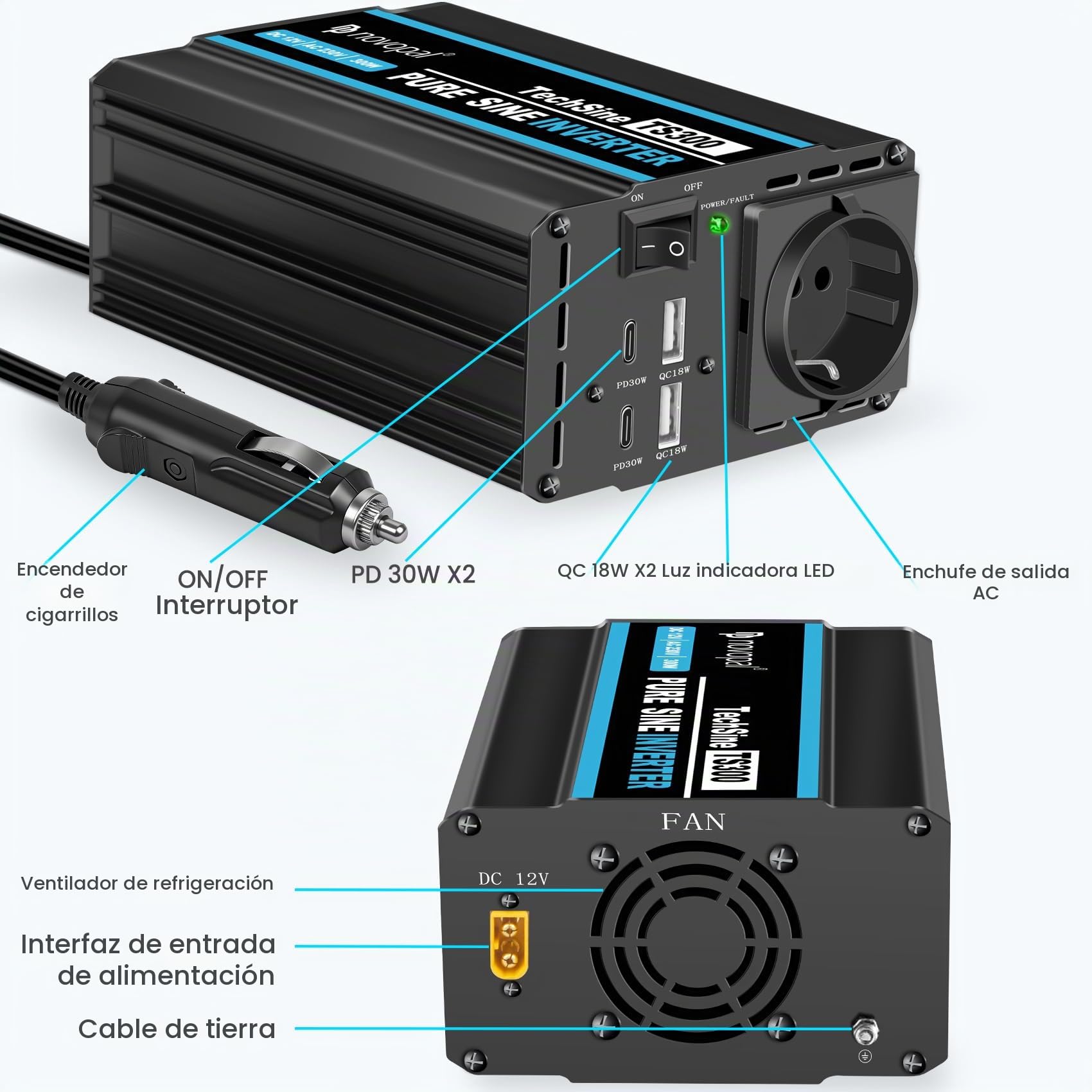 novopal 300W Inversor 12v 220v Onda Pura Coche Convertidor | Inverter con1 salida CA, 4 USB QC18 W+PD 30 W para Camión,Autocaravana,Camping