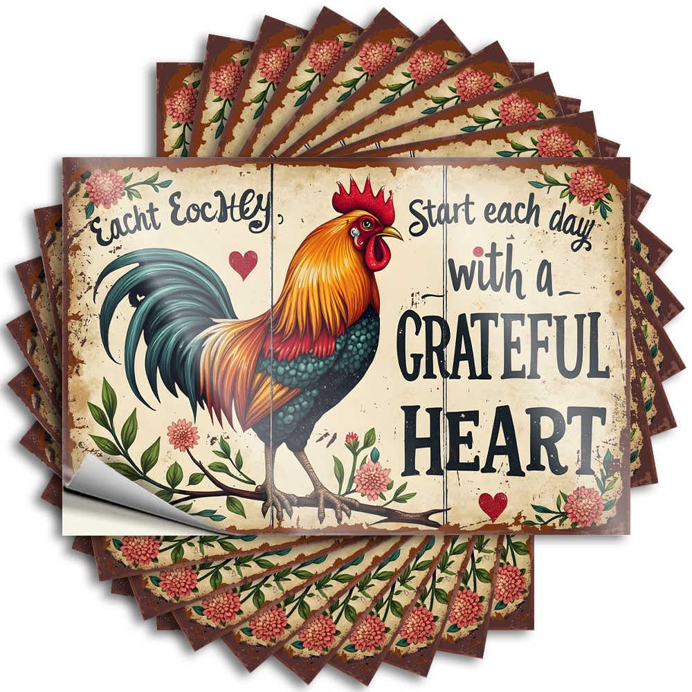 Tattoo Decore for Room Waterproof Vinyl Sticker | Start Each Day with Gratitude: A Colorful Rooster's Reminder Plastic Wall for Hunting DIY Projects(6X9CM)