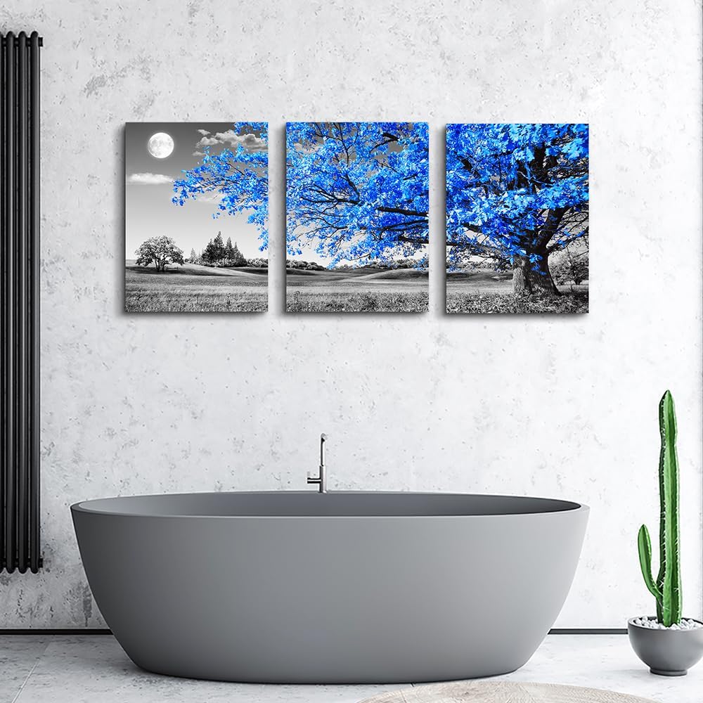 Blue Trees and Moon Landscape Canvas Print Set