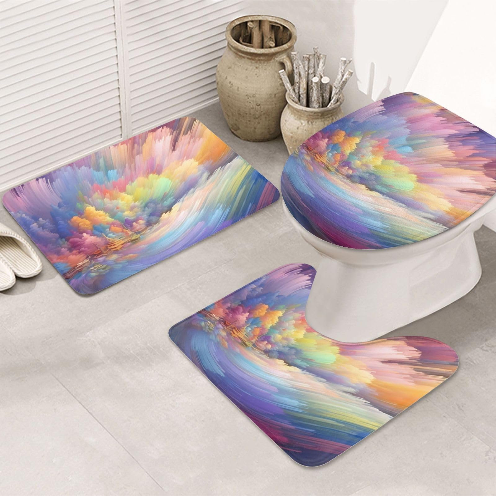Dream - Set di 3 tappetini da bagno colorati in flanella morbida antiscivolo con coperchio per la decorazione della casa
