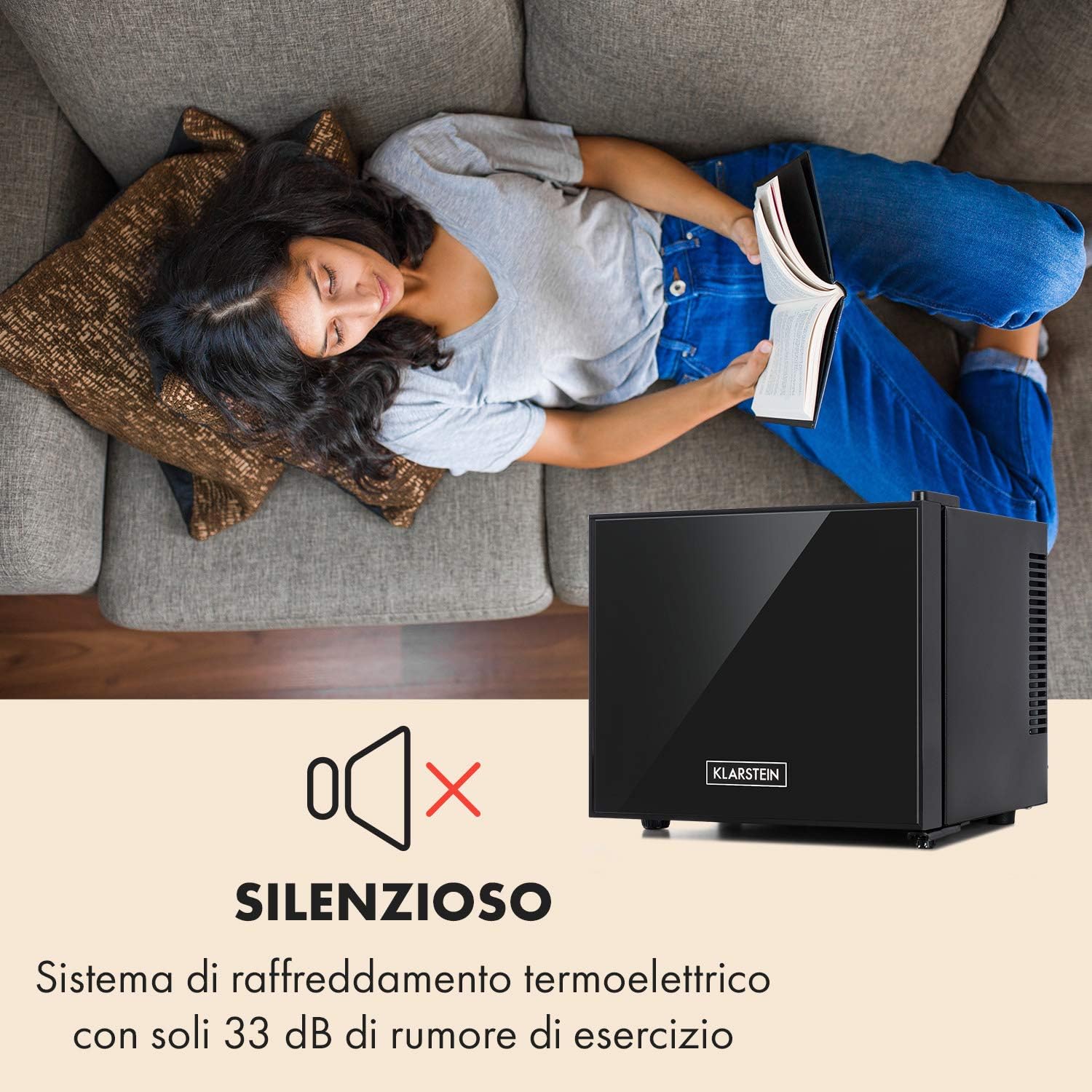 KLARSTEIN Frosty Minibar - Mini Frigo, Compatto, Sistema di Raffreddamento Termoelettrico, Capacità 10 Litri, Temperatura: 12-18 °C, Classe di Efficienza Energetica A, 33 dB, Nero KLARSTEIN Frosty Minibar - Mini Frigo, Compatto, Sistema di Raffreddamento Termoelettrico, Capacità 10 Litri, Temperatura: 12-18 °C, Classe di Efficienza Energetica A, 33 dB, Nero