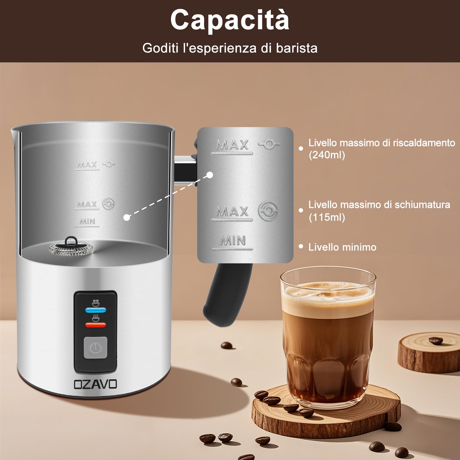 Montalatte Elettrico Montalatte Automaticoin Acciaio Inossidabile Controllo Temperatura Schiuma per Latte e Caffè Calda e Fredda