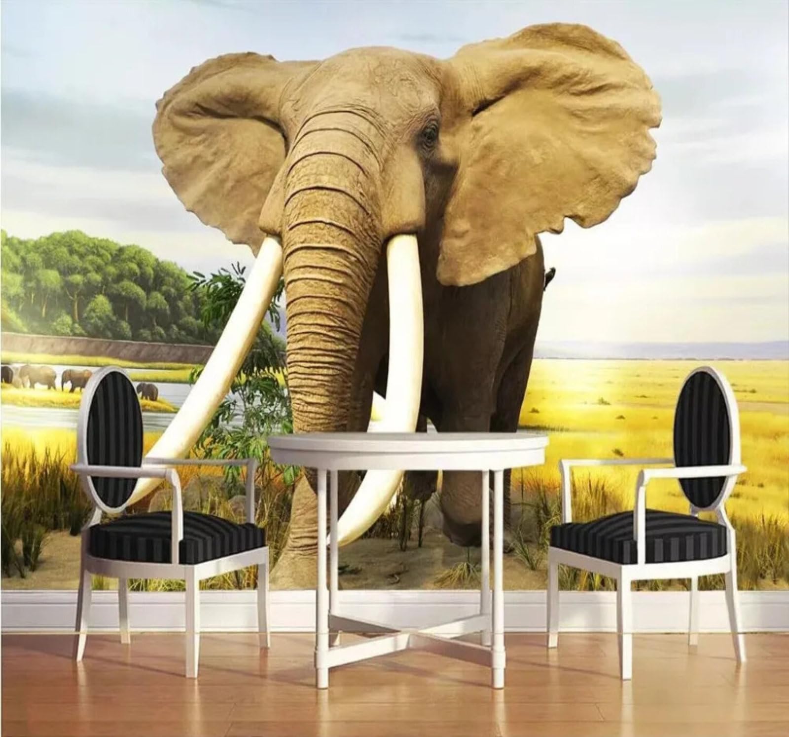 Xlming 200Cm×140Cm(B×H) Minimalist Large Grassland Forest Elephant 3D Wallpaper Premium Textured Silk Study Dining Living Room Bedroom Sofa Tv Wall Easy Install-200Cm×140Cm
