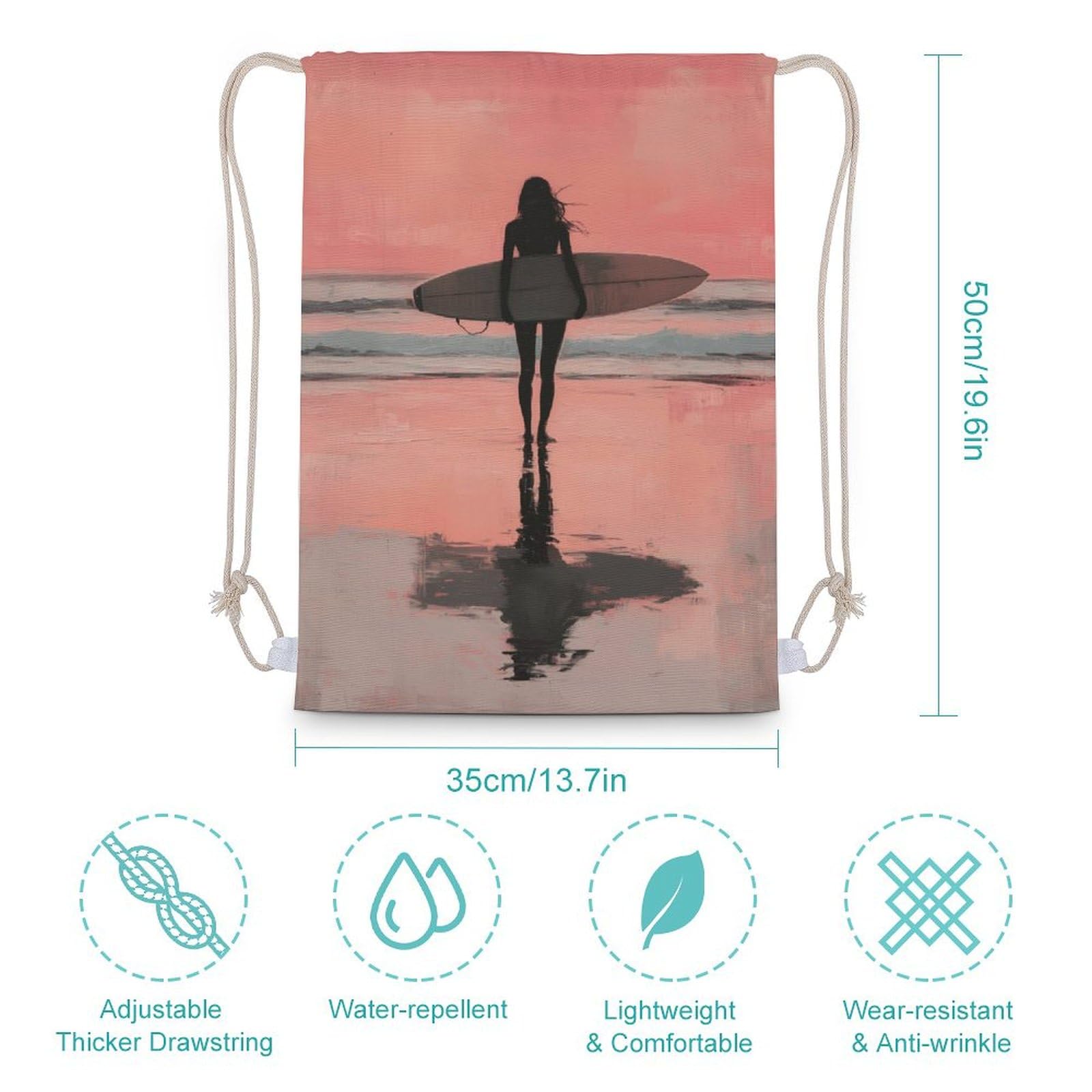Woman with Surfboard Drawstring Backpack Canvas String Bag Lightweight Sports Gym Bag for Men Women