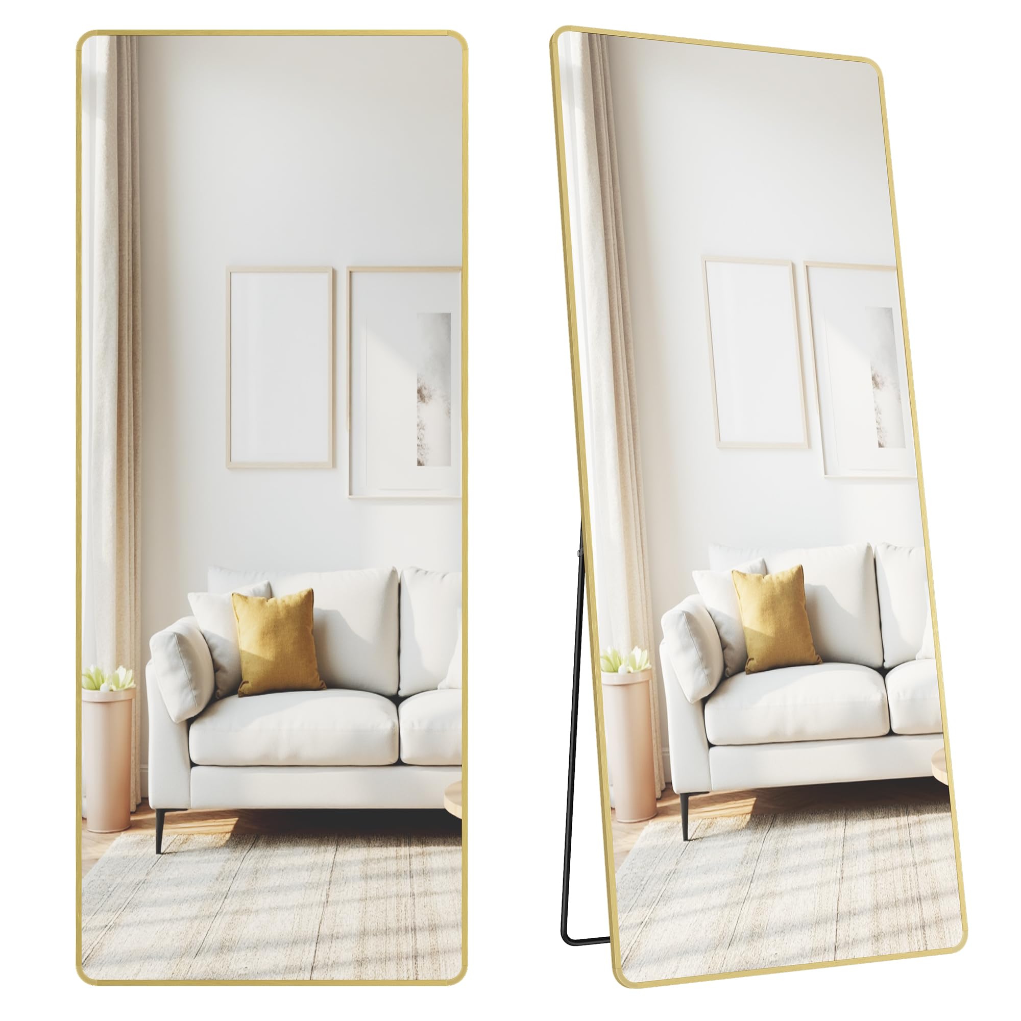 SONGMICS Full Length Mirror, 165 x 60 cm, Rectangle Full Body Mirror with Stand, Aluminium Alloy Frame Floor Mirror, Tempered Glass, for Bedroom, Living Room, Cloakroom, Pale Gold LFM038AB01