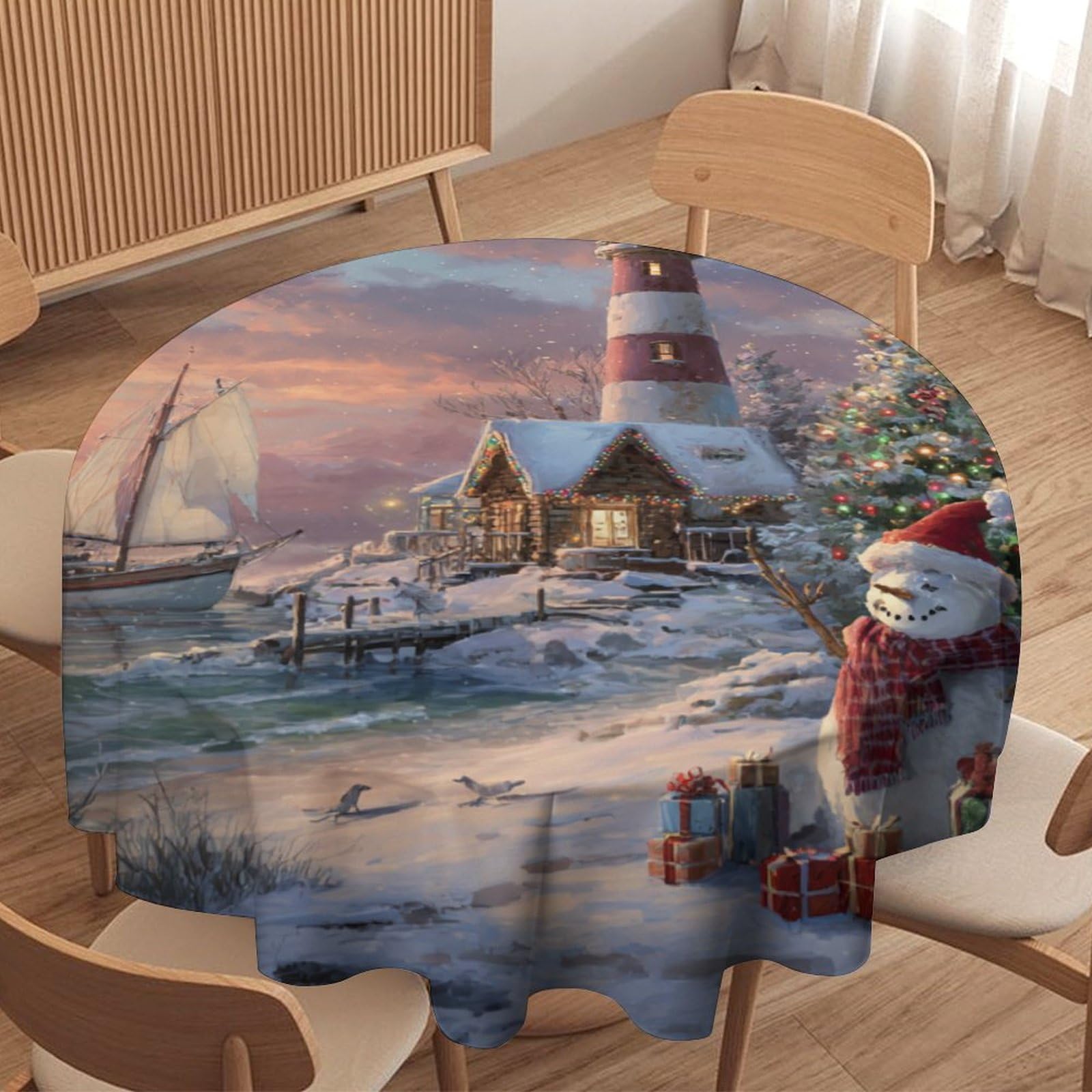 LUYYSKY Cute Beautiful Christmas Snowman Round Tablecloth Vintage Funny Nautical Sunset Seaside Lighthouse Xmas Tree Washable Decor for Table Cover for Kitchen-91.4" Wx91.4 L cm